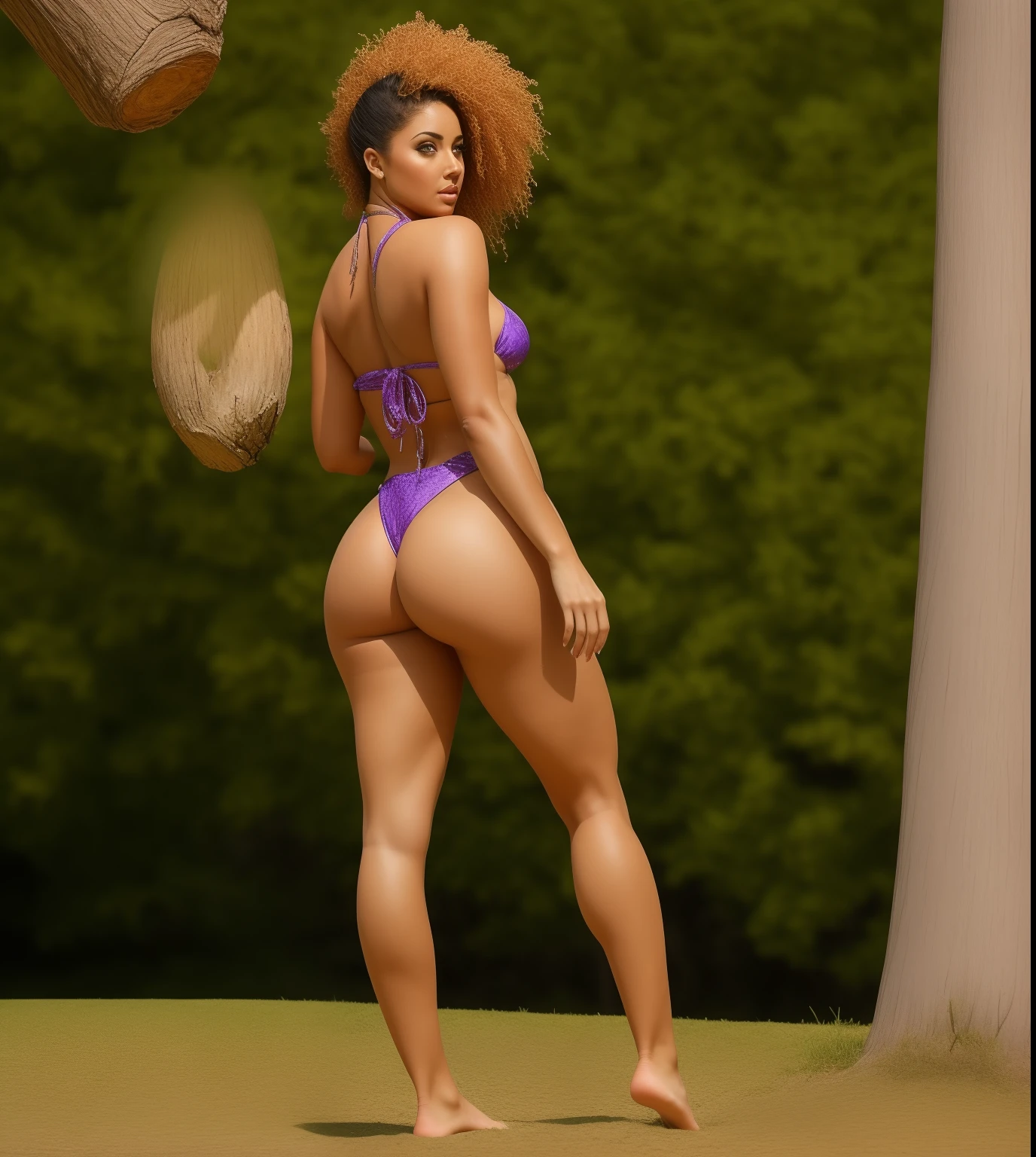 araffes in a bikini posing in front of a tree, shot from the side, fit curvy physique, long shot from back, from the side, violet myers, toned derriere, long shot from the back, lit from behind, perfect body, thick thigs, exposed thighs!!!,bigbutt, mid body shot, lit from the side, summer ray