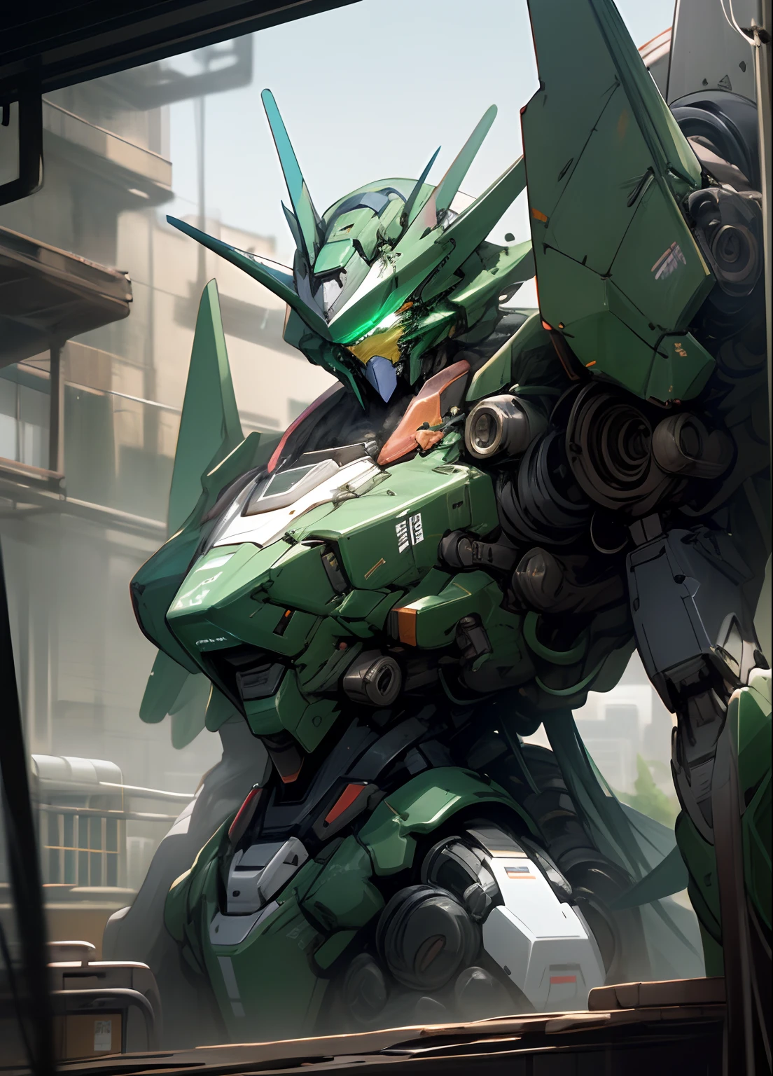 arafed robot with green eyes standing on a rooftop in a city, modern green mecha anime, cool mecha style, mecha art, anime concept hdr anime macmanus, mecha anime, arasaka mech, an anime large mecha robot, alexandre ferra mecha, portrait of a mech, mecha inspired, mecha, mecha suit