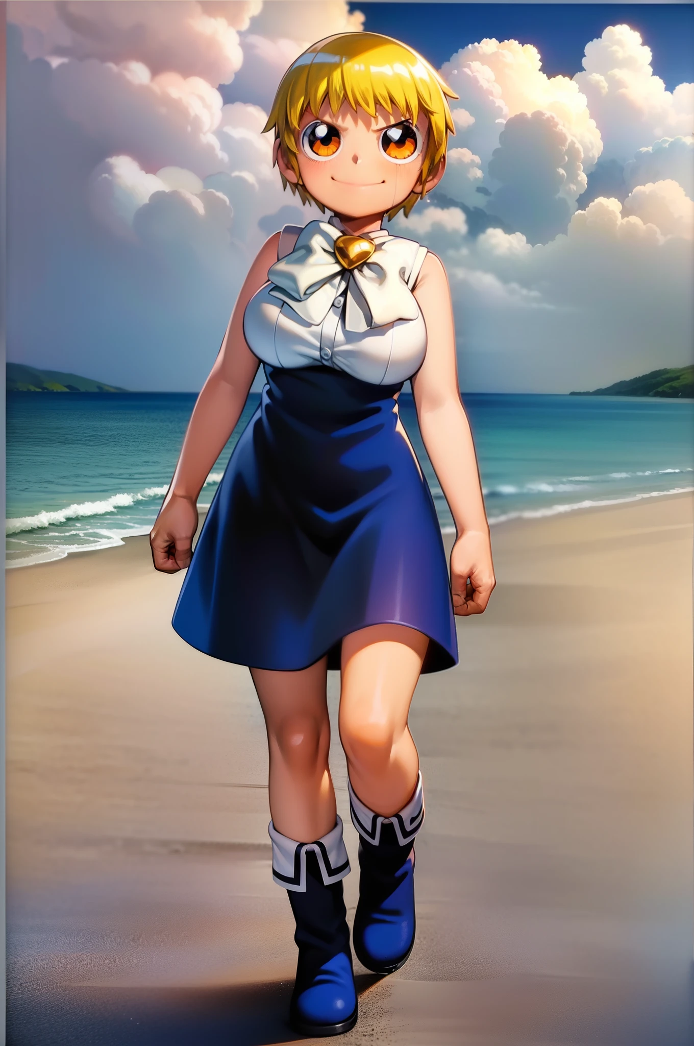 ((masterpiece, best quality)),solo,young girl, 1girl, full body, orange eyes, blonde hair, short hair, zatch, black cloack, white bow, big eyes, blue footwear, walking, beach,, 1girl, tallgirl,smile, big breast,Mature Female, height 2.0 meters