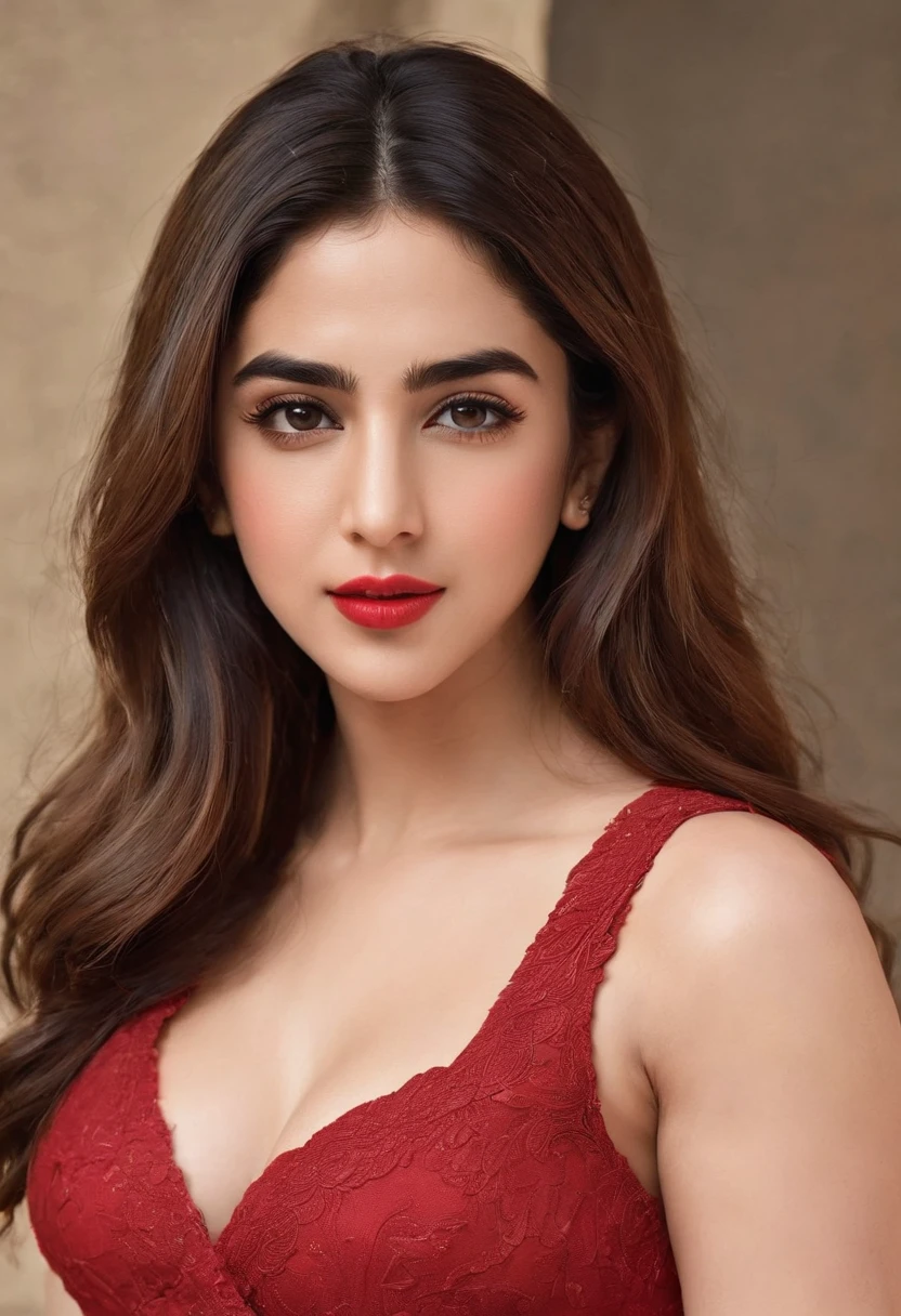 a close up of a sara ali khan with long hair wearing a red dress, attractive girl, cute beautiful, very beautiful girl, beautiful cute, actress, stylish pose, with lovely look, beautiful image, beautiful model girl, cute woman, attractive pose, beautiful girl model, beautiful pretty young, beautiful model, beautiful pose, cute girl, with a beautifull smile, beautiful sara ali khan, dark red lips, big natural lips, big chest, healthy body, sexy figure, indian skin. Red dress