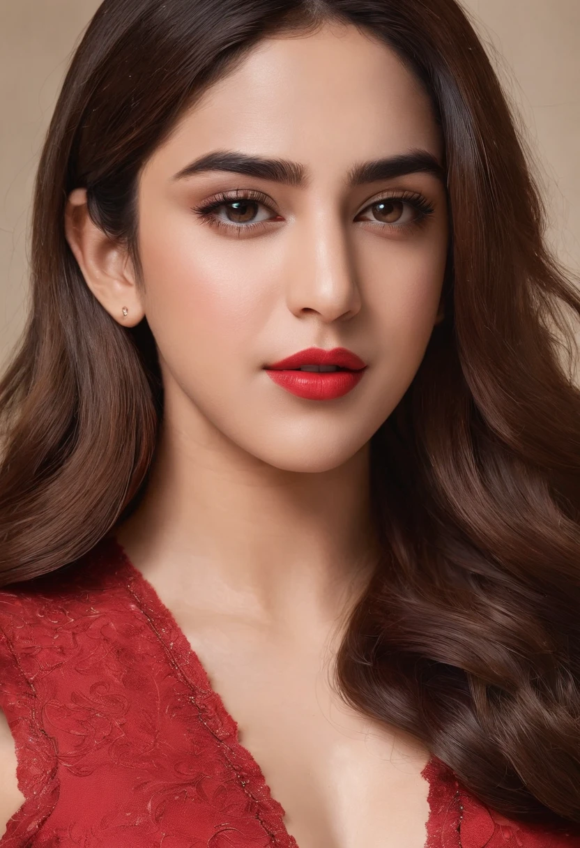 a close up of a sara ali khan with long hair wearing a red dress, attractive girl, cute beautiful, very beautiful girl, beautiful cute, actress, stylish pose, with lovely look, beautiful image, beautiful model girl, cute woman, attractive pose, beautiful girl model, beautiful pretty young, beautiful model, beautiful pose, cute girl, with a beautifull smile, beautiful sara ali khan, dark red lips, big natural lips, big chest, healthy body, sexy figure, indian skin. Red dress