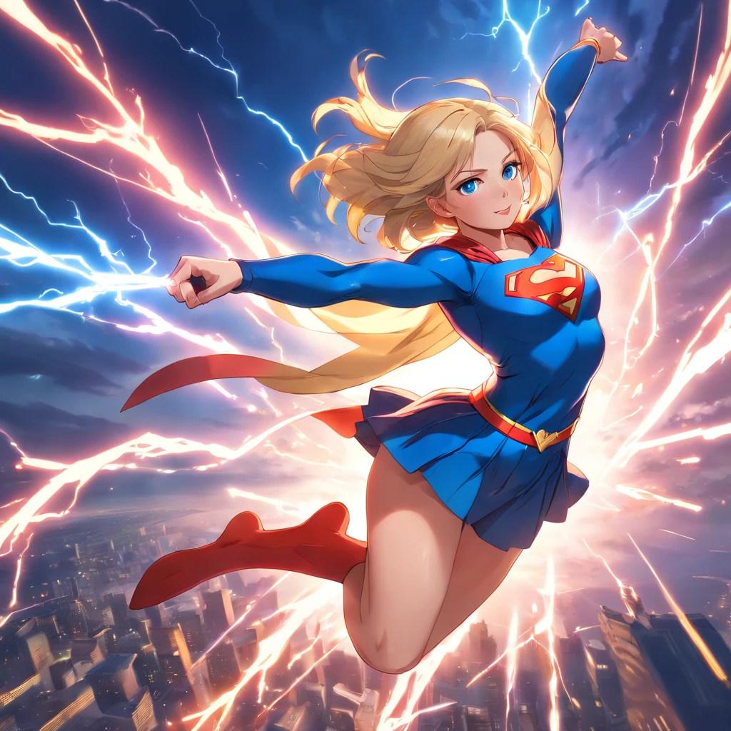 Supergirl, beautiful, Medium flowing hair, blonde hair, blue eyes, fair skin, vibrant detailed eyes, heroine outfit, detailed outfit, vibrant colors, lightning bolts, thunder and lightning, beautiful scenery, 16k, HD, picture perfect, rich detail, supreme quality, detailed body, two detailed arms, two detailed legs, error free image, ultra realistic image, majestic, Divine, high resolution, Heroine girl, victorious