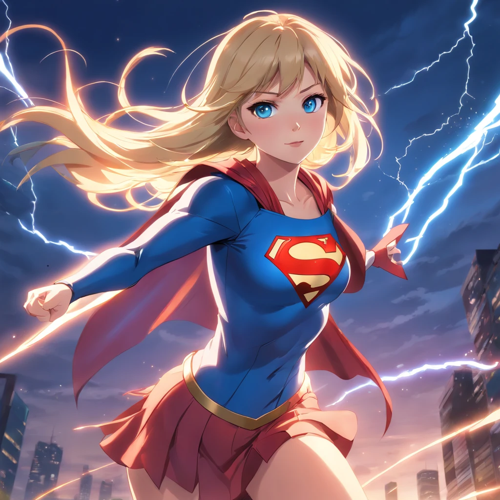 Supergirl, beautiful, Medium flowing hair, blonde hair, blue eyes, fair skin, vibrant detailed eyes, heroine outfit, detailed outfit, vibrant colors, lightning bolts, thunder and lightning, beautiful scenery, 16k, HD, picture perfect, rich detail, supreme quality, detailed body, two detailed arms, two detailed legs, error free image, ultra realistic image, majestic, Divine, high resolution, Heroine girl, victorious
