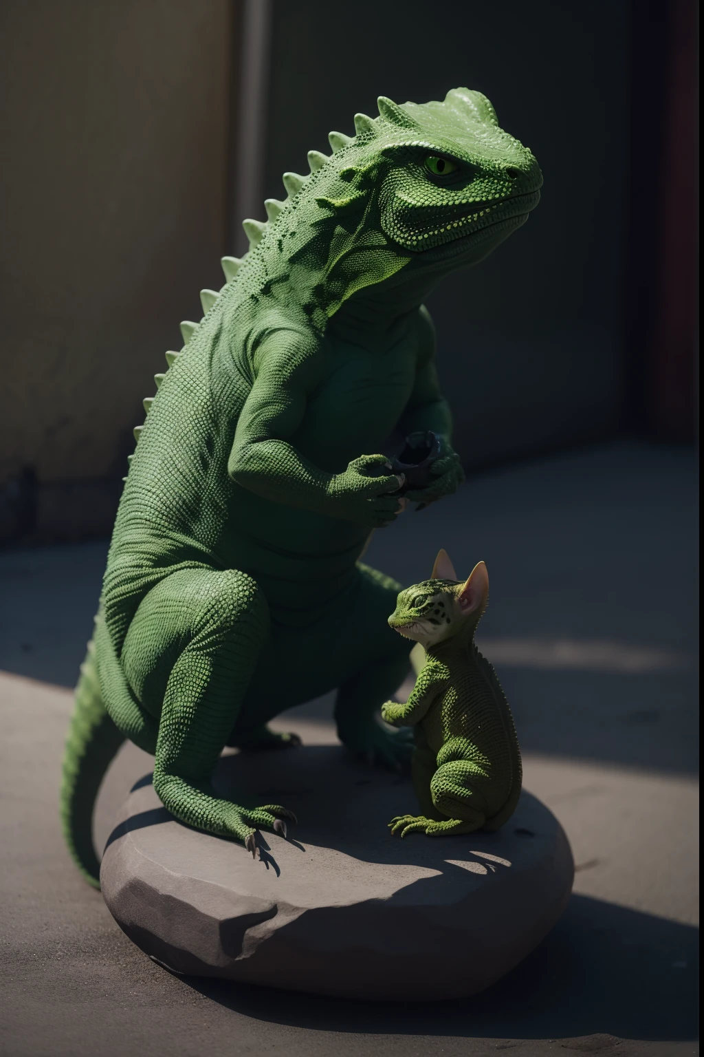 Terrible lizard sculpture green and black eating kitten