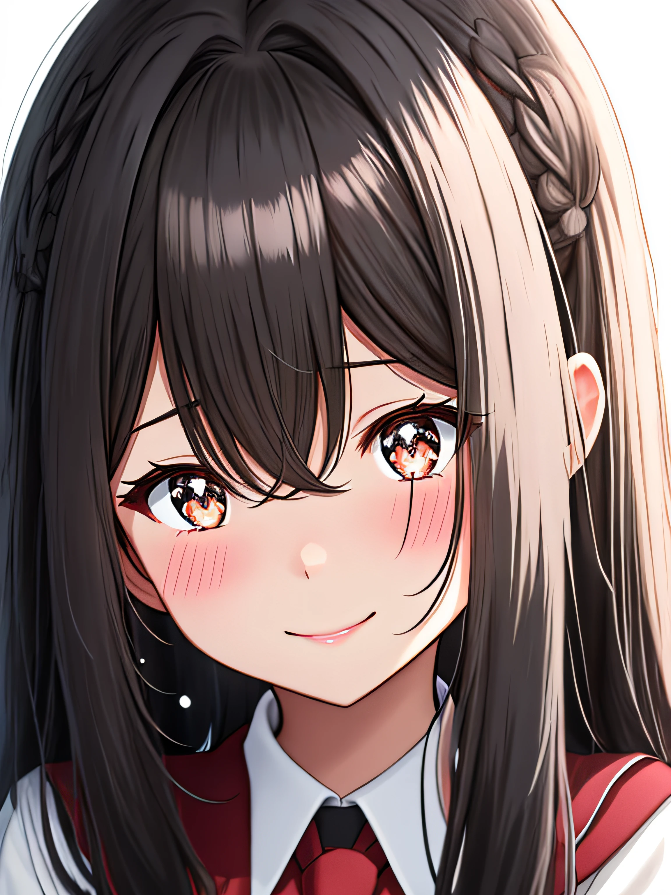 For a round avatar, In Discord, Close-up of woman with black long hair, simple girl anime girl with black long hair, whitebackground, the anime, Shy, White Skin Skin, Shy, delicate features,Subtle facial expression,Innocent,Sparkling eyes,rosy cheeks,Detailed hair strands,floting hair, gentle smile,Focus on your eyes and lips,A slight blush