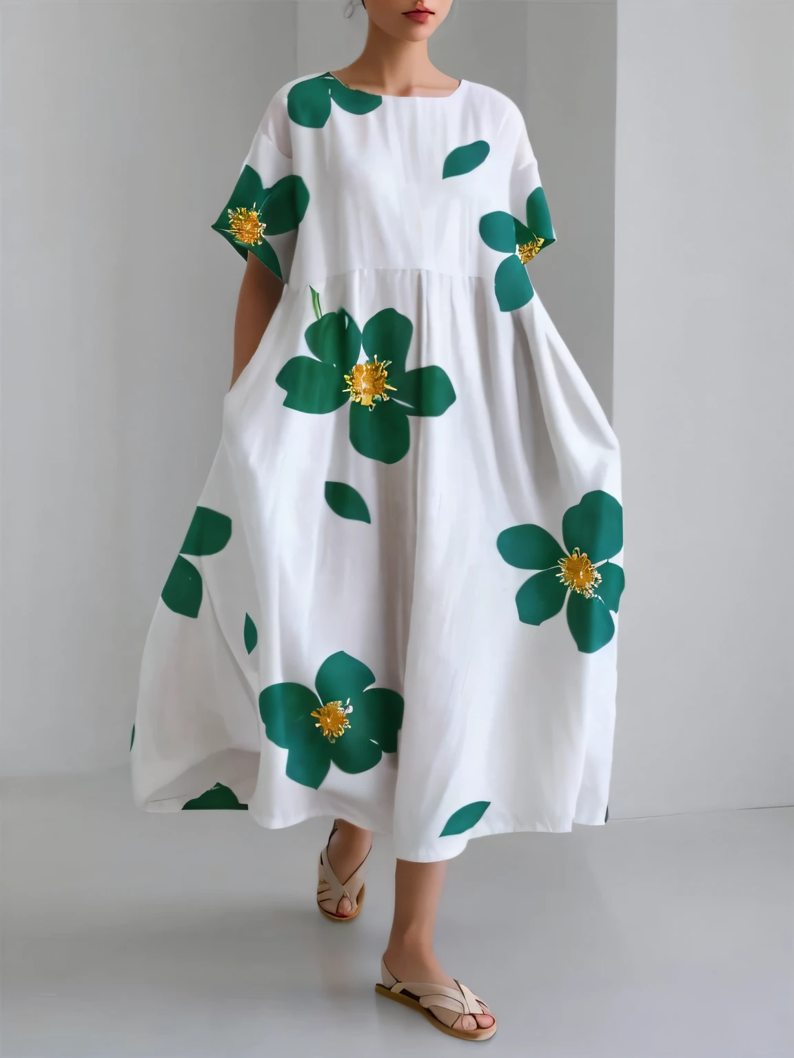 uma mulher usando um vestido branco com flores verdes sobre ele, vestido floral art novuea, vestido flor, Vestido Floral Art Nouveau, Flowing dress, usando um longo vestido florido, swirly flower dress, vestido florido, vestido com um vestido de flor, vestindo chiton floral, roupas florais, wearing a white flowing dress, Wearing a flowing dress, vestido de videira