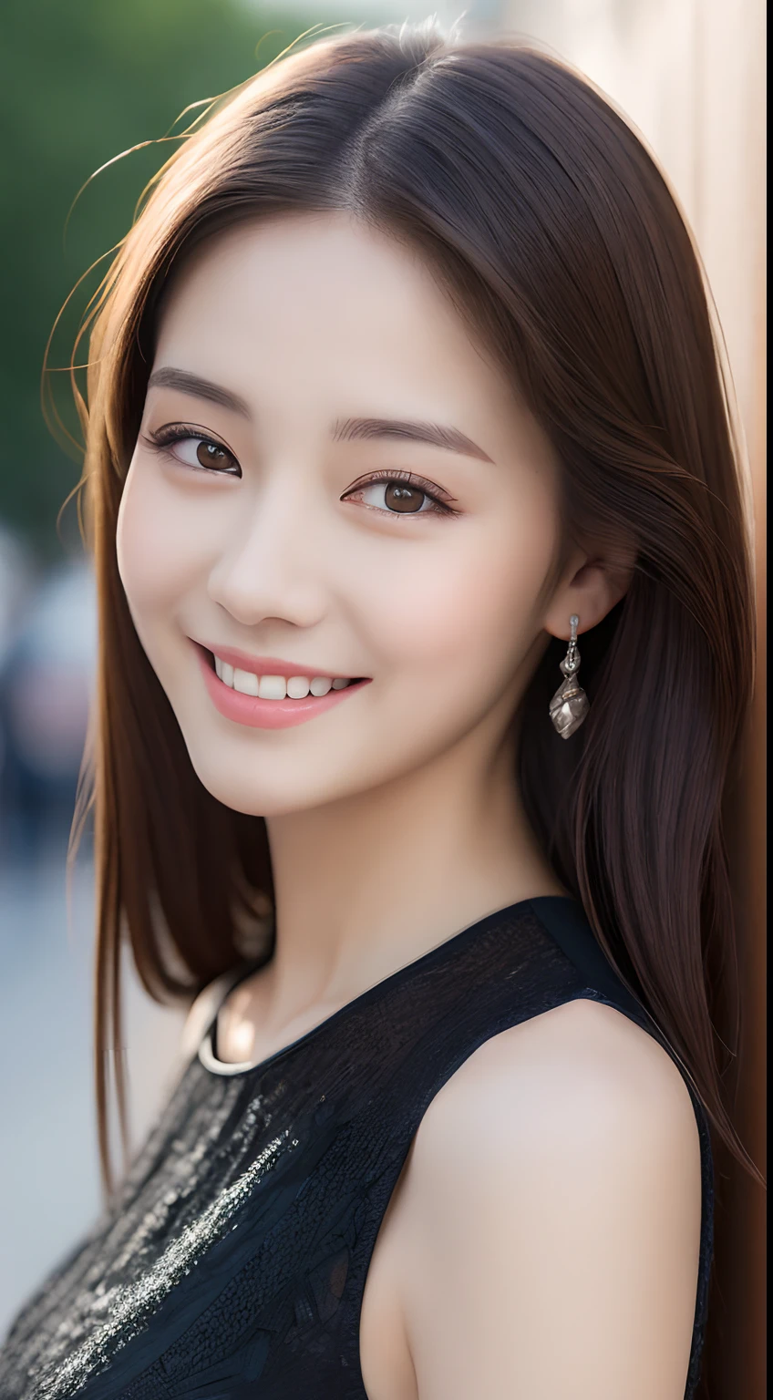 ((Best quality, 8k, Masterpiece :1.3)), 1girl, smiling, full body, slim face, Pretty woman, (Dark brown hair), full length dress :1.1, Ultra-detailed face, Detailed eyes, Double eyelid, blur background, slim face, city, outside, street,