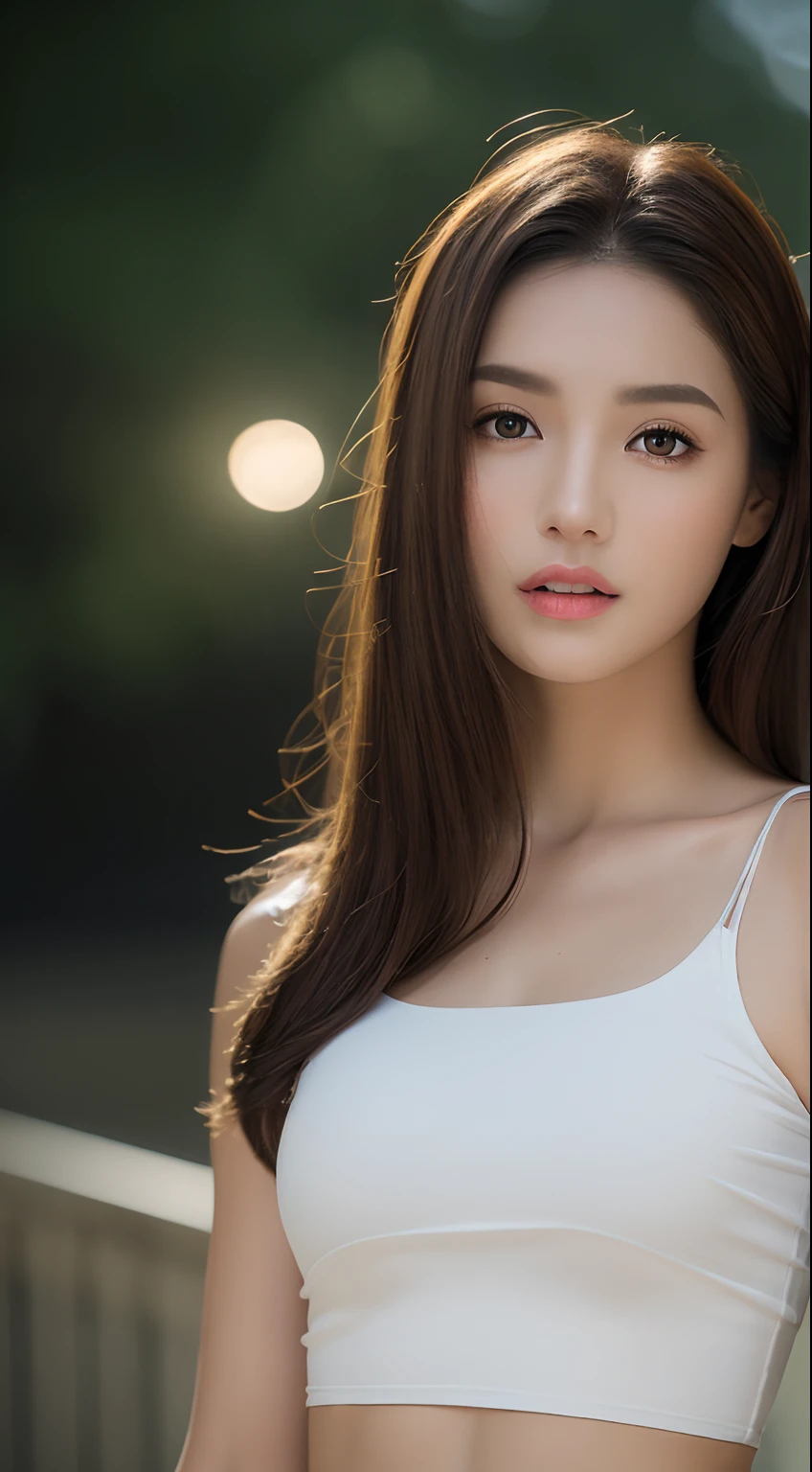 ((Realistic lighting, Best quality, 8K, Masterpiece: 1.3)), Clear focus: 1.2, 1girl, Perfect beauty: 1.4, Slim abs: 1.1, ((Dark brown hair)), (White crop top: 1.4), (Outdoor, Night: 1.1), Park view, Super fine face, Fine eyes, Double eyelids,
