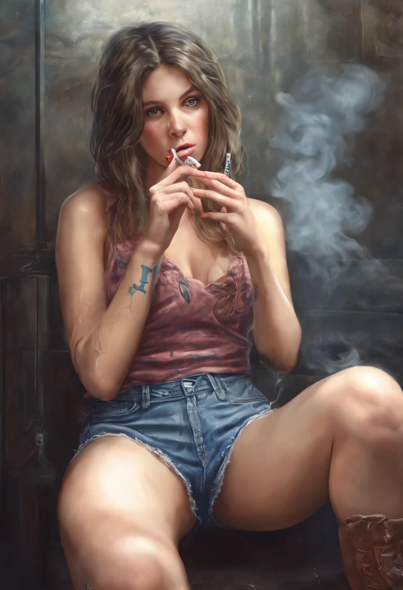 Girl smoking a beck only in panties.
