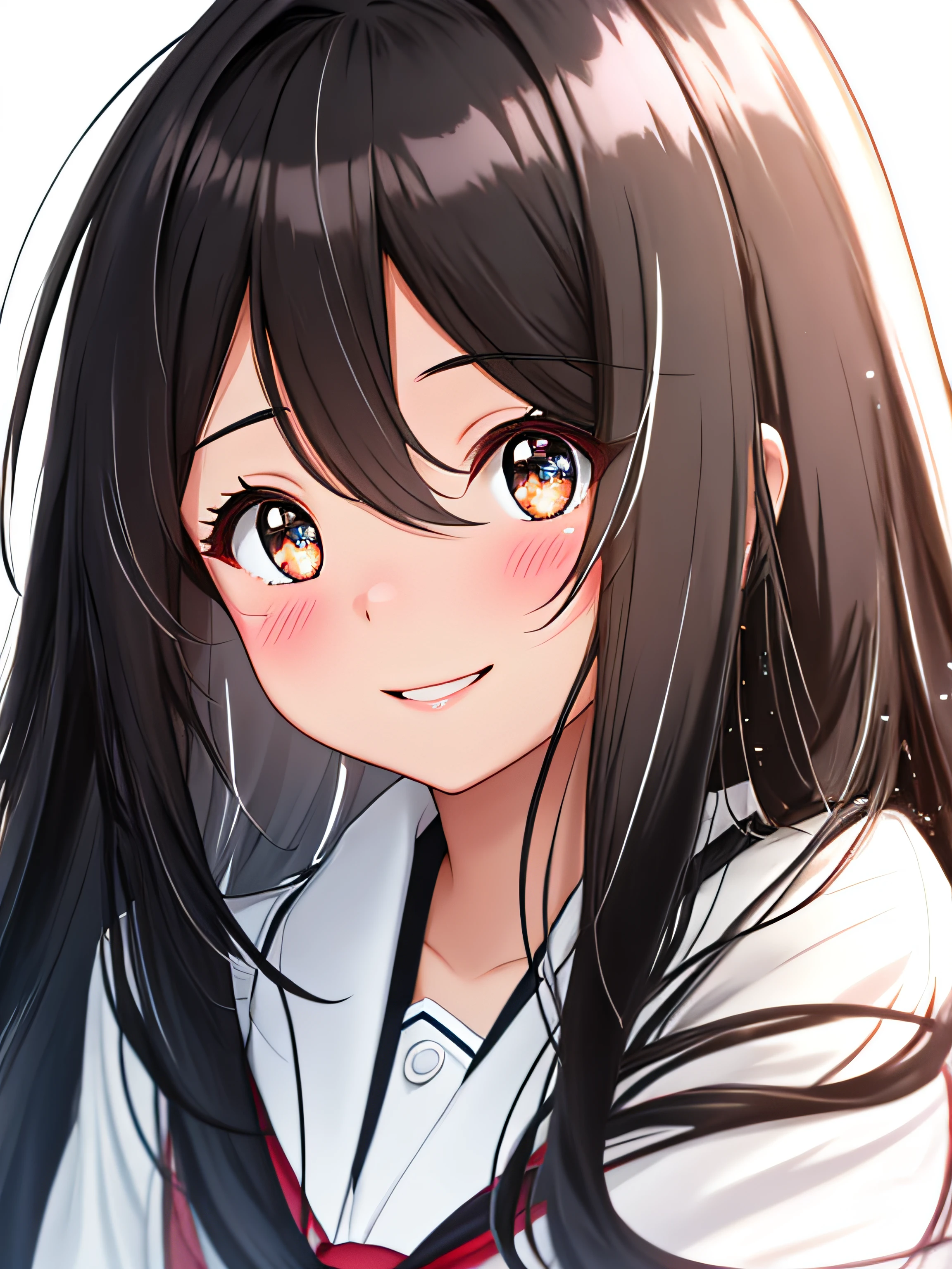 Best Quality,4k,hight resolution,Masterpiece, Для profile picture, In Discord, Close-up of woman with black long hair, simple girl anime girl with black long hair, whitebackground, the anime, Shy, White Skin Skin, Shy, delicate features,Subtle facial expression,Innocent,Sparkling eyes,rosy cheeks,Detailed hair strands,floting hair, gentle smile,Focus on your eyes and lips,A slight blush