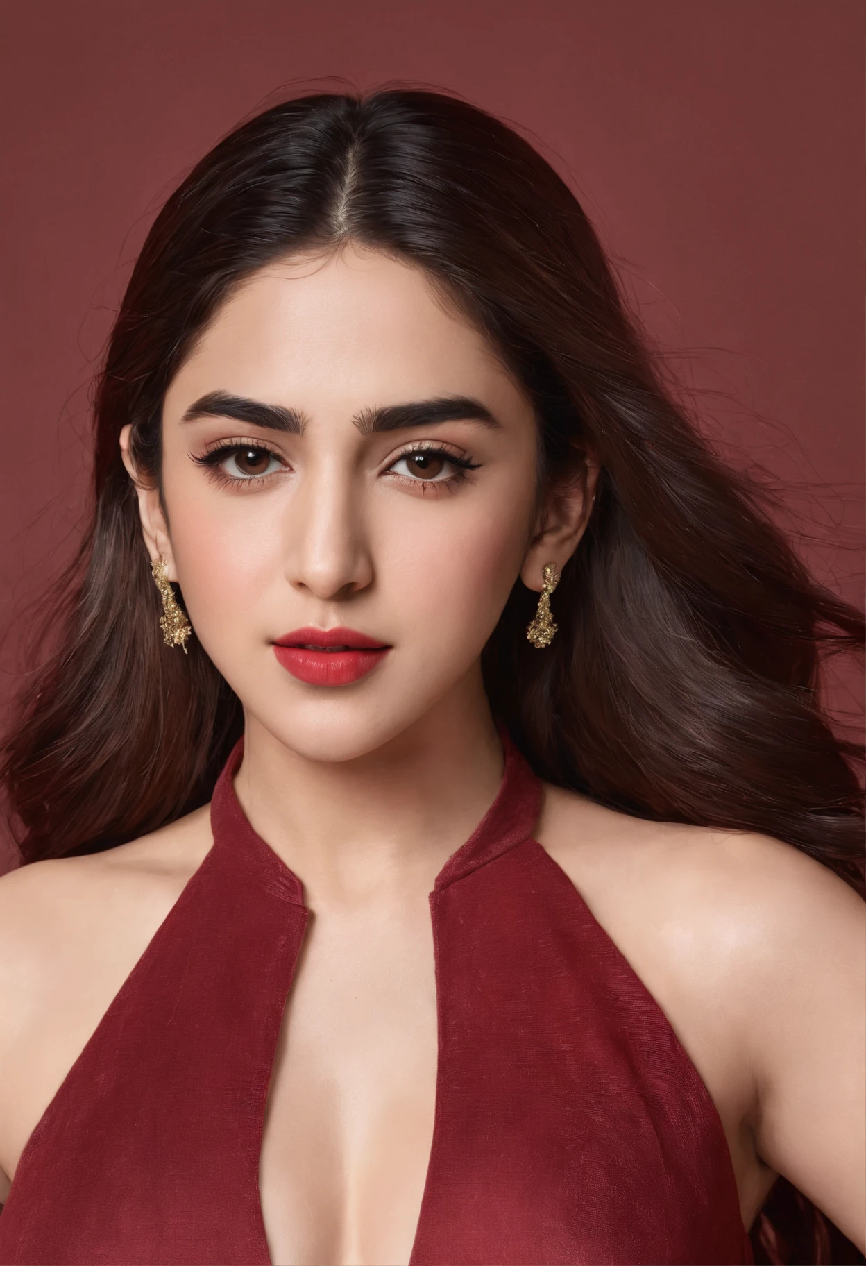 a close up of a sara ali khan with long hair wearing a red dress, attractive girl, cute beautiful, very beautiful girl, beautiful cute, actress, stylish pose, with lovely look, beautiful image, beautiful model girl, cute woman, attractive pose, beautiful girl model, beautiful pretty young, beautiful model, beautiful pose, cute girl, with a beautifull smile, beautiful sara ali khan, dark red lips, big natural lips, big chest, healthy body, sexy figure, indian skin. Red dress