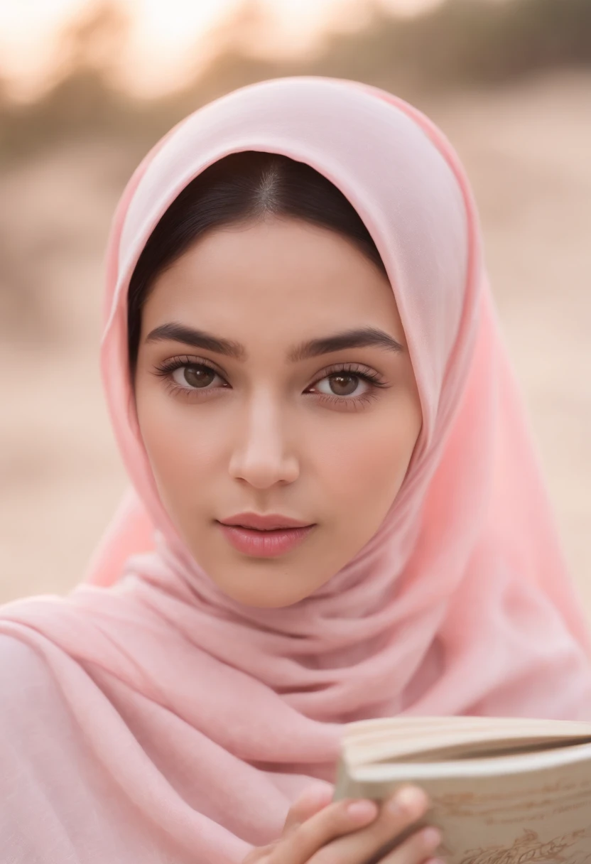 a beautiful Bandung girl wearing a hijab and dimpled cheeks, about , (plain pastel pink hijab), (medium shot portrait:1.3), dramatic light, Rembrandt lighting scheme, (hyperrealism:1.2), (8K UHD:1.2) , ( photorealistic:1.2), shot with a Canon EOS 5D Mark IV, facial detail, skin texture detail. sitting on the beach reading a book