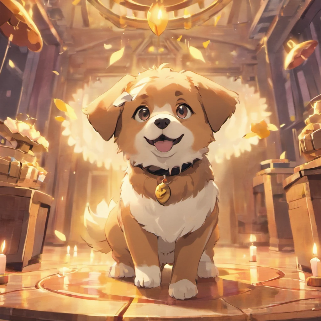 ONE DOG BIRTHDAY PARTY, ULTRA REALISTIC DOG IN 8K, SUPER DETAILS AND VIBRANT COLORS, IMAGE WITHOUT RESIDUE, IMAGE WITHOUT ERRORS, IMAGE WITHOUT TWO HEADS, IMAGE WITHOUT DOUBLE-SIDED, ENVIRONMENT DETAILS SUPER WORKED, CAKE AND CANDLES SUPER DETAILED,