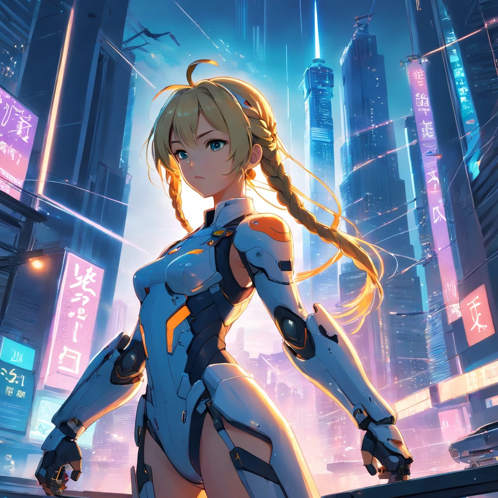 masterpiece, best quality, ultra-detailed, illustration, 1girl, solo, standing, confident, serious expression, cyberpunk, paladin, sword, metallic, high-tech, cybernetic armor, bright lights, neon, wires, cables, circuits, circuitry, visor, helmet, cybernetic limbs, long hair, blonde, hair styled in a braid, flowing in the wind, futuristic cityscape, towering skyscrapers, flying vehicles, holograms, tech noir, laser beams, power armor, glowing power sword, action pose, ready to fight, intensity, defending the city, night scene, city lights, cyberpunk aesthetic