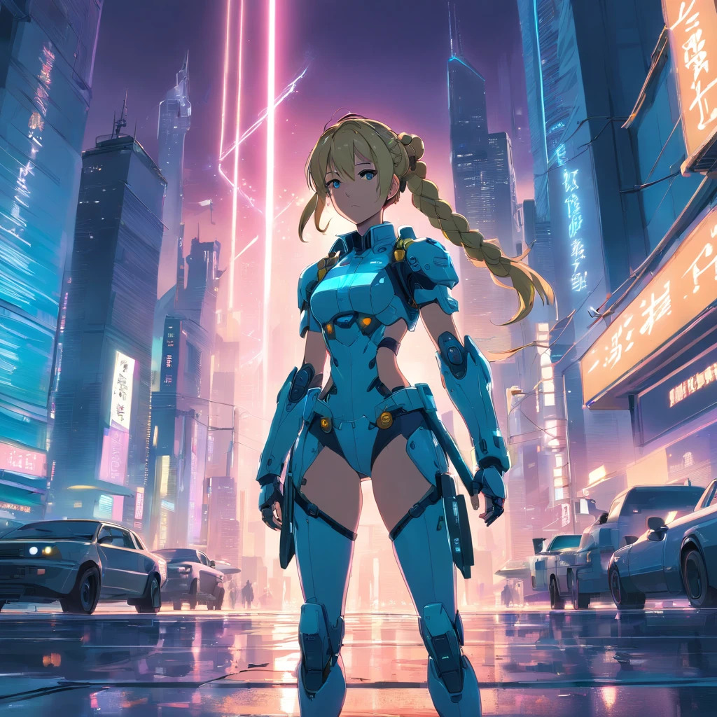 masterpiece, best quality, ultra-detailed, illustration, 1girl, solo, standing, confident, serious expression, cyberpunk, paladin, sword, metallic, high-tech, cybernetic armor, bright lights, neon, wires, cables, circuits, circuitry, visor, helmet, cybernetic limbs, long hair, blonde, hair styled in a braid, flowing in the wind, futuristic cityscape, towering skyscrapers, flying vehicles, holograms, tech noir, laser beams, power armor, glowing power sword, action pose, ready to fight, intensity, defending the city, night scene, city lights, cyberpunk aesthetic