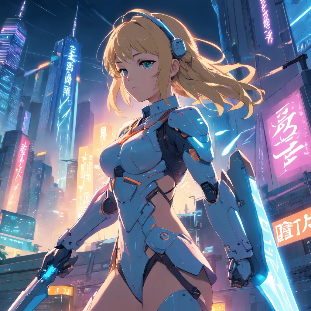 masterpiece, best quality, ultra-detailed, illustration, 1girl, solo, standing, confident, serious expression, cyberpunk, paladin, sword, metallic, high-tech, cybernetic armor, bright lights, neon, wires, cables, circuits, circuitry, visor, helmet, cybernetic limbs, long hair, blonde, hair styled in a braid, flowing in the wind, futuristic cityscape, towering skyscrapers, flying vehicles, holograms, tech noir, laser beams, power armor, glowing power sword, action pose, ready to fight, intensity, defending the city, night scene, city lights, cyberpunk aesthetic