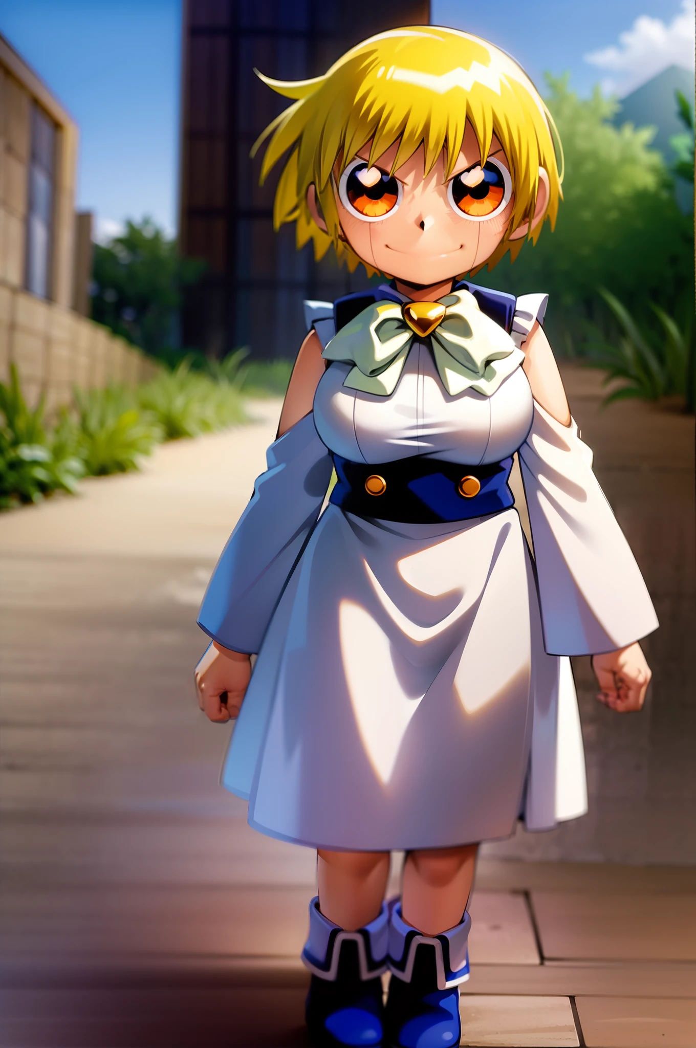 ((masterpiece, best quality)),solo,young girl, 1girl, full body, orange eyes, blonde hair, short hair, zatch, black cloack, white bow, big eyes, blue footwear, walking, beach,, 1girl, tallgirl,smile, big breast,Mature Female, height 2.0 meters, mid sleeves