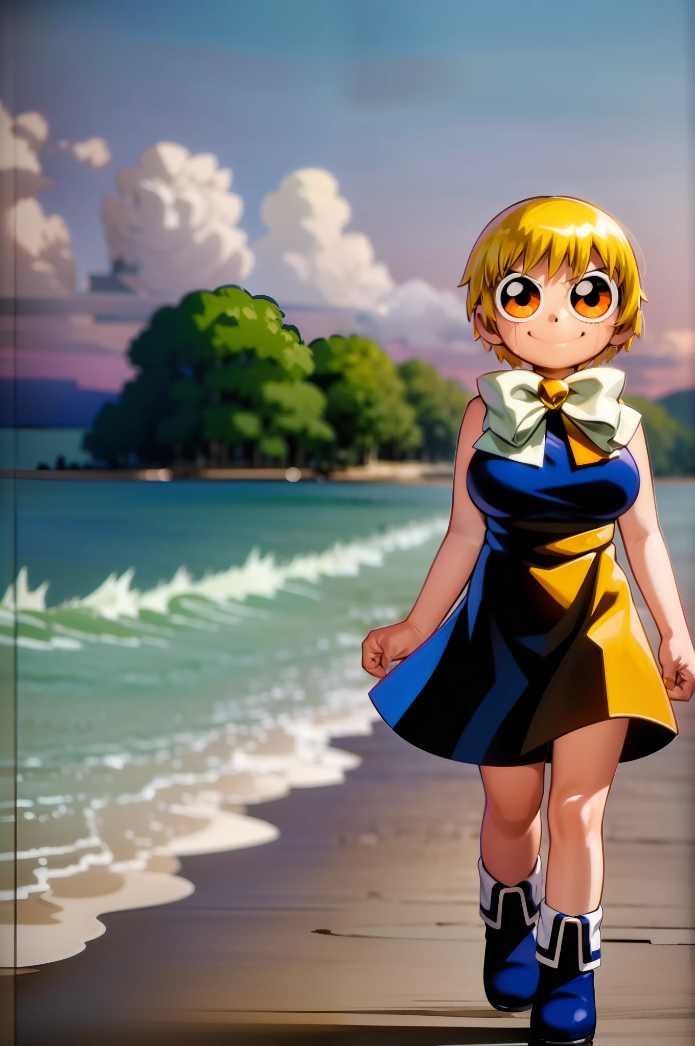 masterpiece, highres, raw, <lora:aryll:0.95>, aryll, dark background, black background, blue dress, flower print, ocean, beach, cliff,  red telescope, lagoon, spyglass,