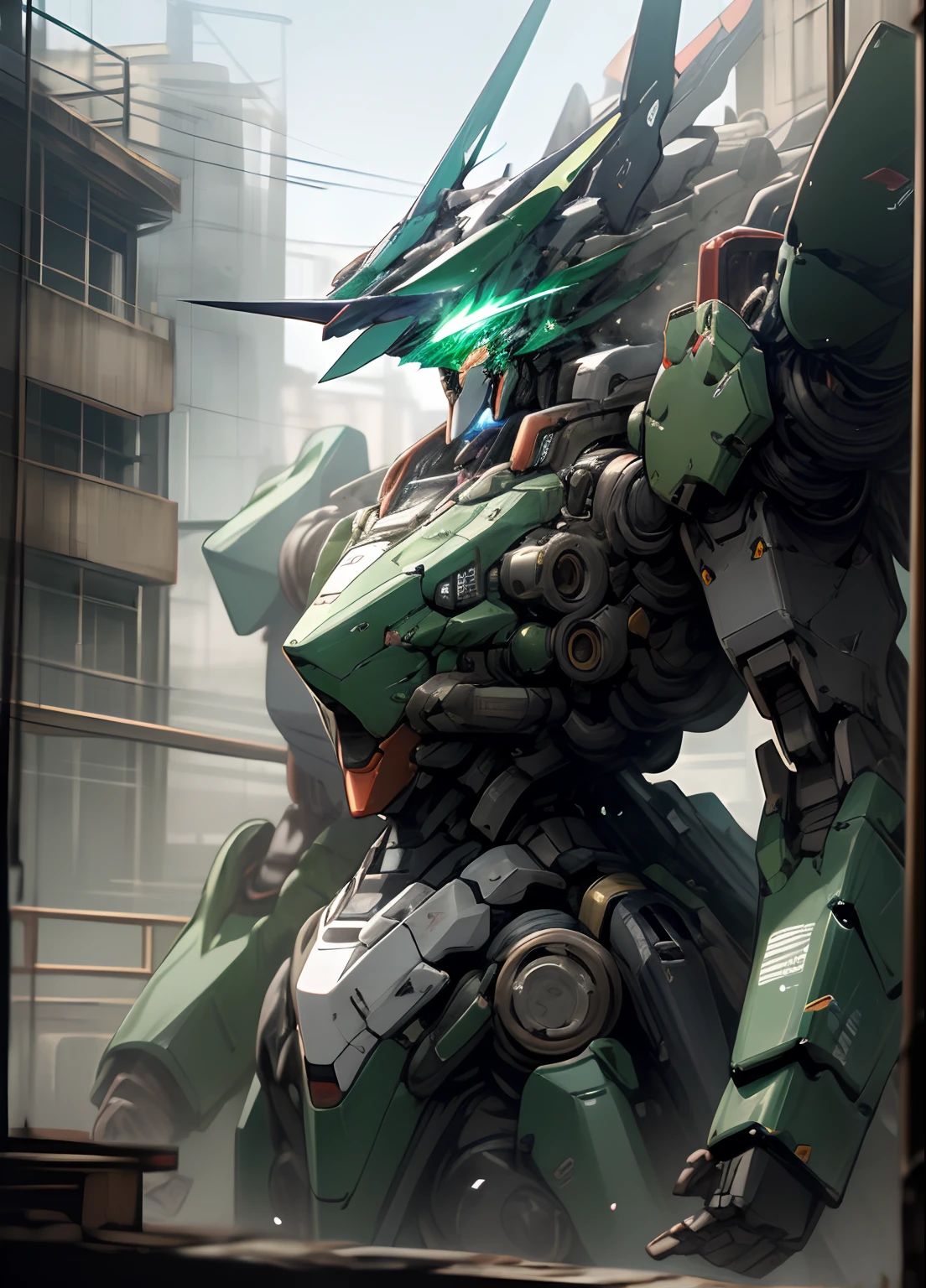 arafed robot with green eyes standing on a rooftop in a city, modern green mecha anime, cool mecha style, mecha art, anime concept hdr anime macmanus, mecha anime, arasaka mech, an anime large mecha robot, alexandre ferra mecha, portrait of a mech, mecha inspired, mecha, mecha suit