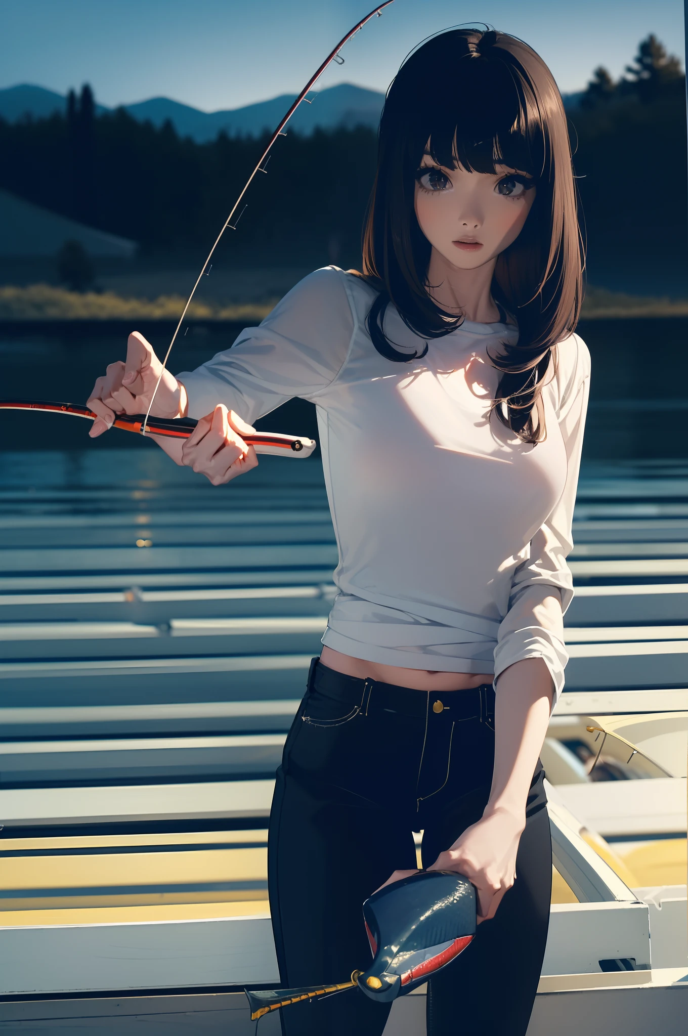 (extremely detailed 8k CG, sharp line),((((Have one fishing rod with a reel by the lake:1.5)))),((Female 28 years old)),[4K Digital Art], 3DCG, hight resolution, ((Best Quality:1.5)),(((Hands with the correct number and structure of fingers:1.4))),((Big fish:1.37)),hight resolution,ultra-detailliert,​masterpiece,best qualtiy,(Eight-headed body),Black hair, long eyeslashes, Solid Circle Eyes, drop shadow, Atmospheric perspective,Super Detail, ccurate, small brest,(Black jacket and black jeans :1.1),top-quality, blurry backround, bokeh dof:1.2, (​masterpiece:1.3), Atmospheric perspective,Super Detail,dynamic compositions,
