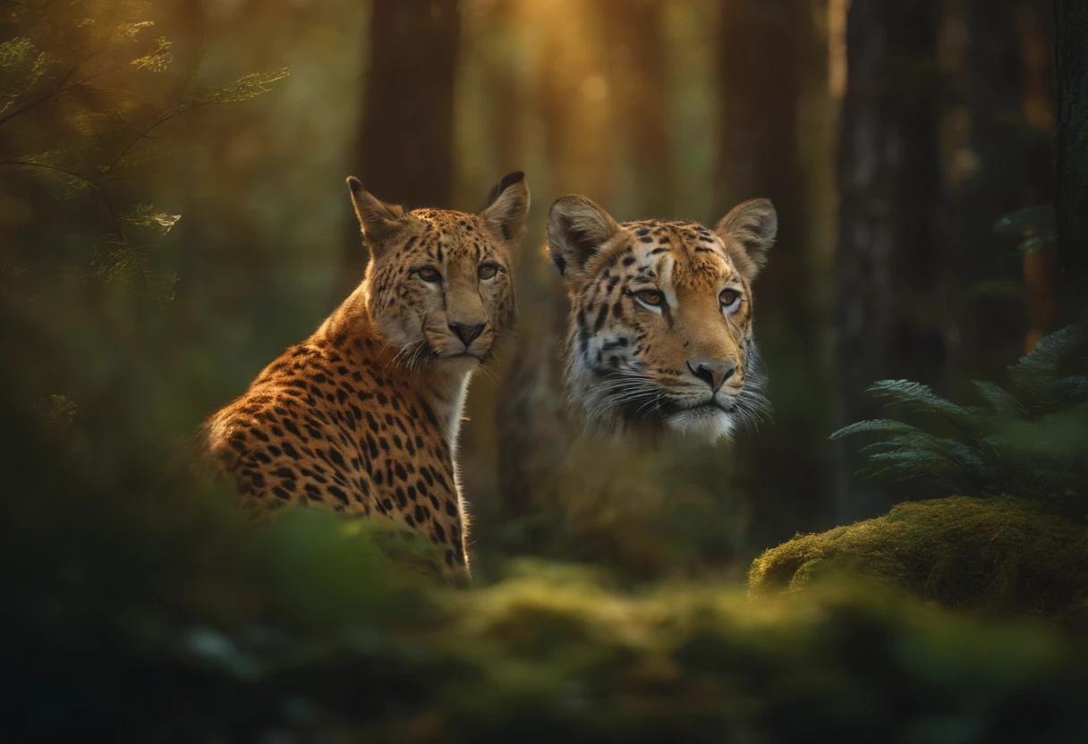 various animals are highly detailed, High resolution and soft lighting. 8k cores suaves, complexidade intrincada, fotorrealismo, Several animals between heaven and earth united in a beautiful forest!