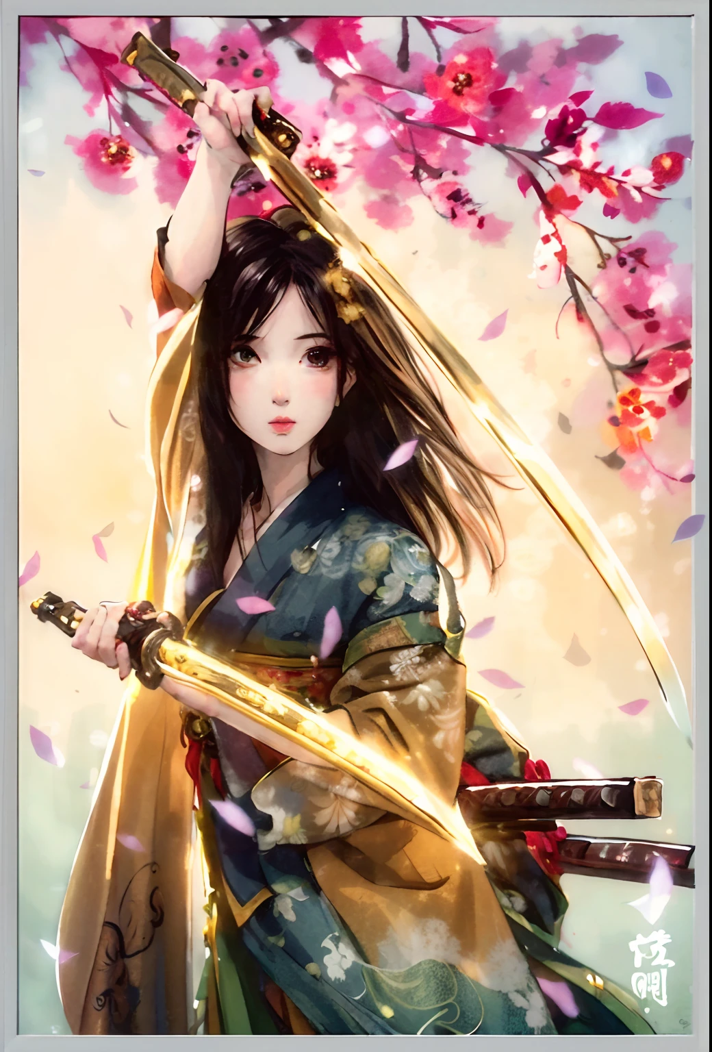 uma mulher em uma roupa de quimono segurando uma espada e uma flor, inspirado em Magali Villeneuve, female samurai, the front of a trading card, she is holding a katana sword, Masayoshi Suto e Artgerm, Graphic artist Magali Villeneuve, artgerm detalhado, quadrinhos artgerm, Artgerm e Ruan Jia