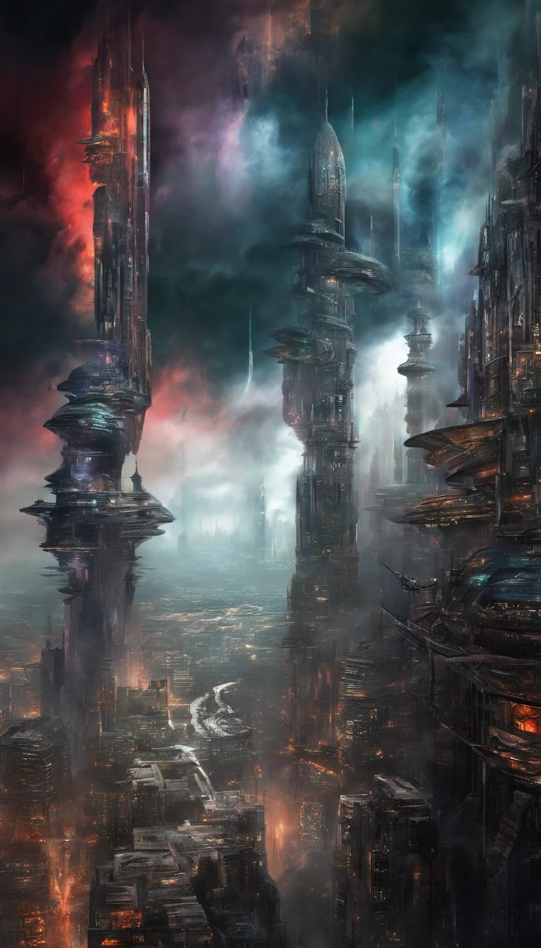 (sci-fi world:1.5), (a flying city:1.7), (futuristic ai-powered cities:1.3), panoramic view, thick clouds, (masterpiece), (vivid colors:1.7), (iridescent white: 1.4), surrealistic