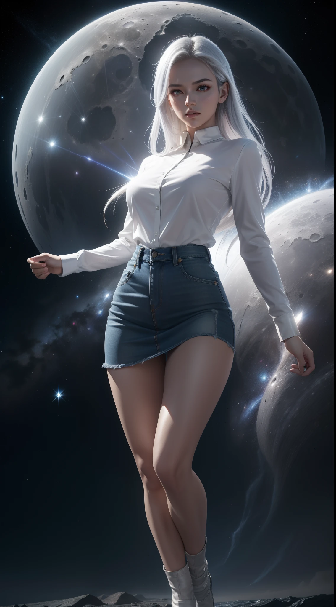 (((UHD))), (((masterpiece))), (((8k))), (((highres))), (((Surrealism))), (((cinematic lighting))), god rays, zoom layer, (((fullbody shot))), f/4.0, Canon, shiny skin,detailed skin,detailed face, detailed eyes, a 22yo woman, super android 18 from dragon ball z, shooting huge energy ball, raised right arm, a form beyond the artificial android, with silver hair, shining red eyes, metallic luster, astounding speed, emitting energy, and a cold, calculating presence, beautiful face, denim mIni skirt, white border shirt, shooting star, milky way, mist, full moon