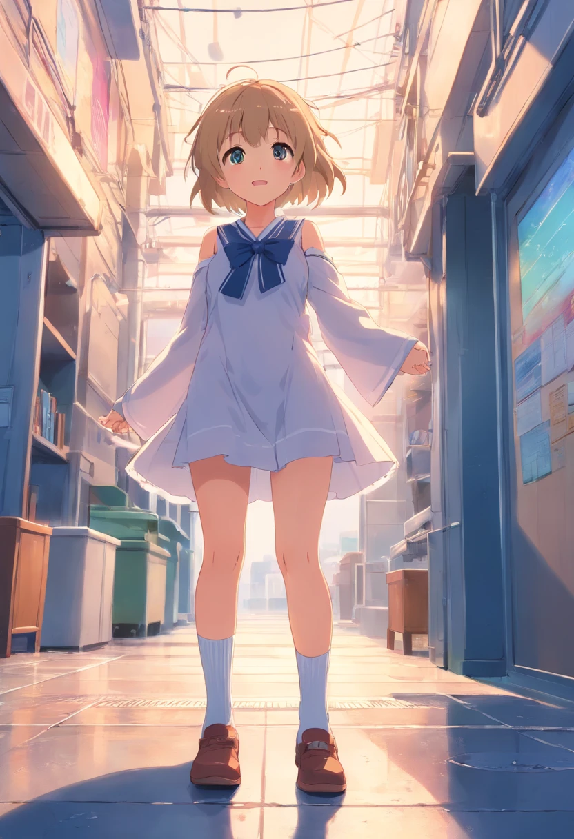 Cute loli，long whitr hair，Leaky shoulders，Barefoot，head looking up，shift dresses，white  panties，largeeyes，Anime cute face，Loli，long white socks，Lift the skirt，Leakage