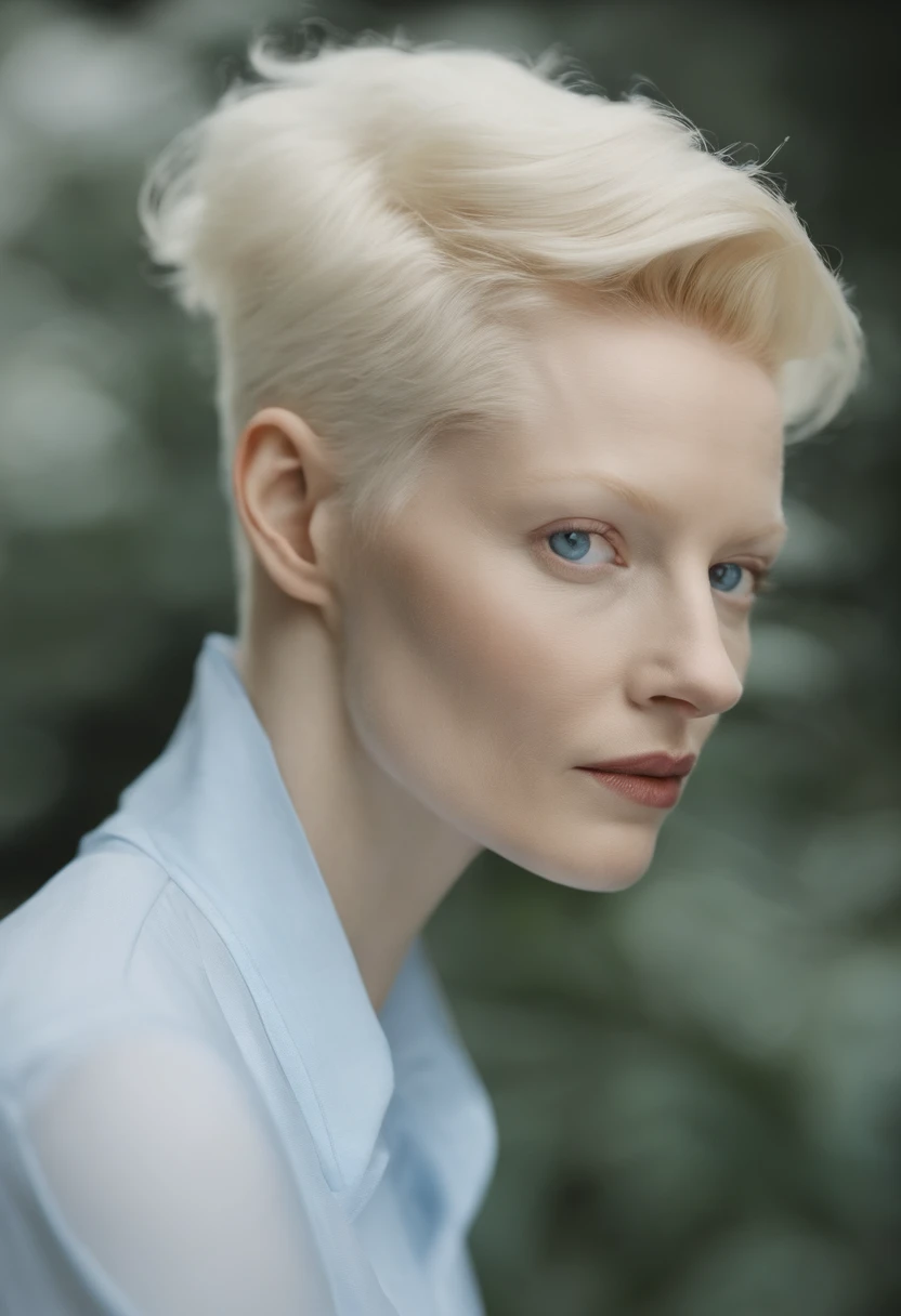 um close up de uma mulher com um cabelo loiro curto, pale fair skin!!, pale woman, she has pale blue skin!!!, pale hair, albino white pale skin, Tilda Swinton, pale blue eyes!, menina com cabelo branco curto, cabelo pixie, pale skin!, com cabelos curtos, Retrato Tilda Swinton, cabelos muito curtos, cabelo muito curto
