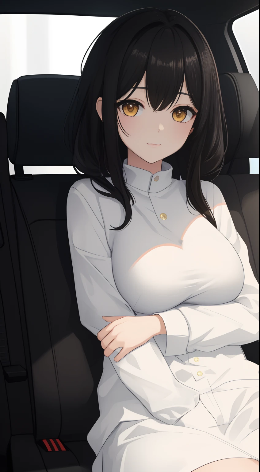 camera view inside the car, girl inside the car, black hair, natural yellow eyes, high breasts, (Oppai), detailed girl body, happy girl, beautiful girl, (( artwork: 3DCG)), detailed scenary 8k