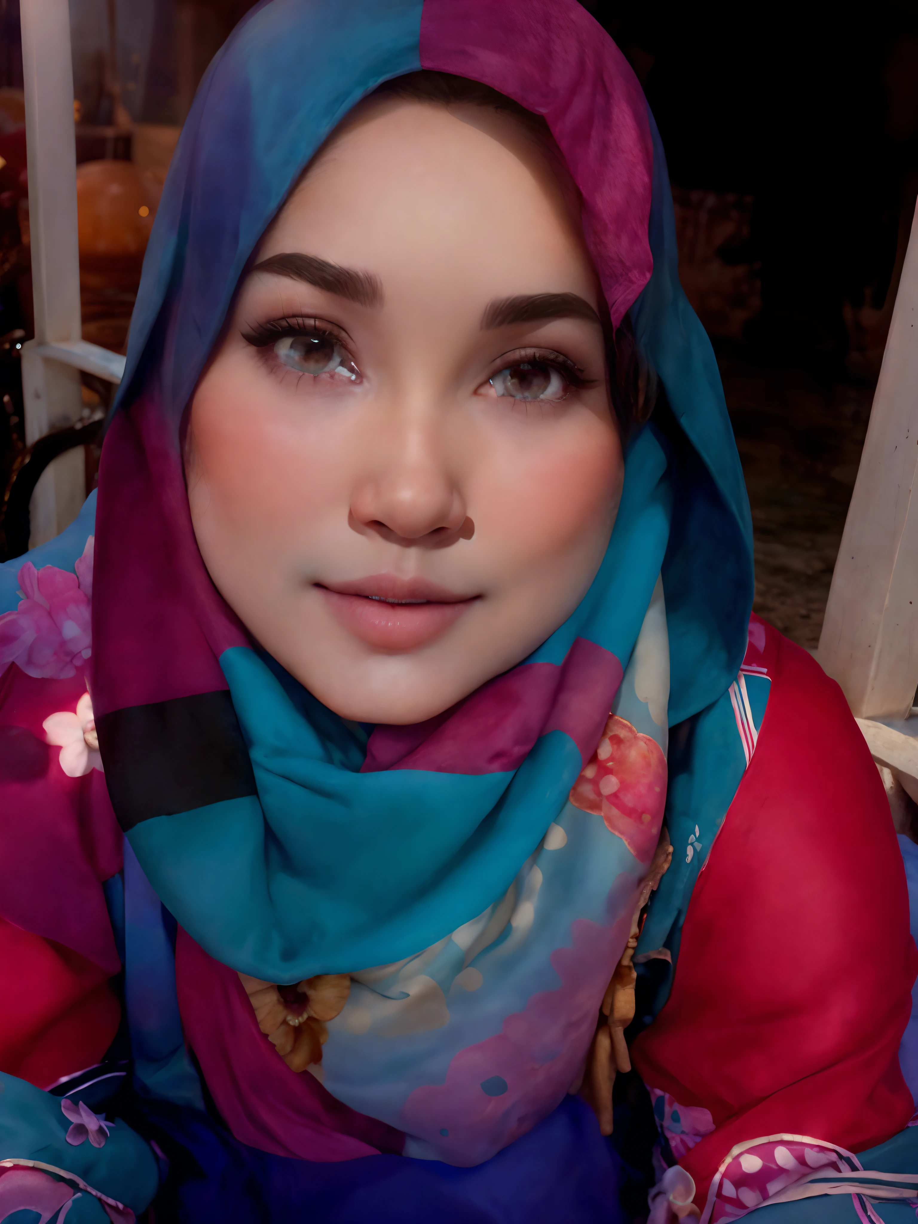 1 malay girl , modern pom-pom hijab,  shy, medium portrait shot , watery  eyes , blue glowing particles, wear pastel blue lace bra, blue bokeh light background,