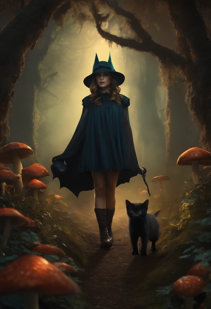 Creepy bat girl and her pet kitten enter a dark mushroom forest