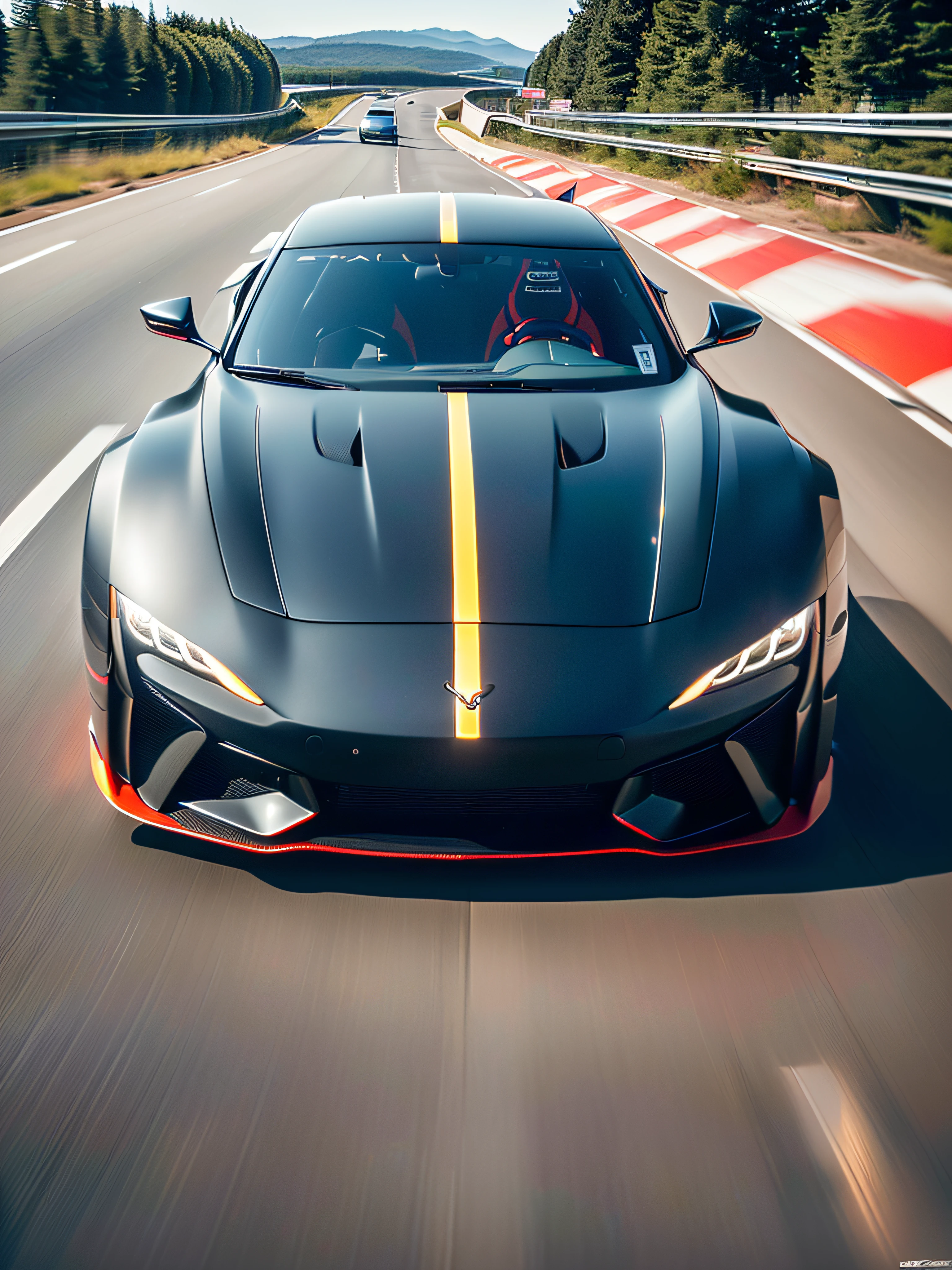 (best quality,ultra-detailed,high-res,photo-realistic),sleek matte black sports car,futuristic design,motion blur,shiny metallic highlights,aggressive angular lines,aerodynamic curves,reflective surfaces,cityscape background,powerful engine,futuristic LED headlights,glowing brake lights,sculpted bodywork,low-profile tires,high-performance suspension,streamlined silhouette,racing stripes,carbon fiber accents,stunning visual impact,precision engineering,speed and power,exhilarating performance,exquisite attention to detail,professional automotive photography,striking color contrast,intense depth of field,dynamic composition,perfectly captured moment,captivating energy,artistic interpretation,modern masterpiece