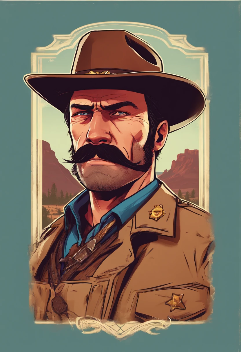 Red Dead Redemption 2 illustration style，Sheriff Curtis Malloy，Wear a Nevada hat,Khaki coat，Blue vest and white shirt,Nothing but a mustache,shaven face,sheriff badge, masterpiece,  digital artwork, key art. HD, sheriff coat. In a town. Sheriff coat, eastern style