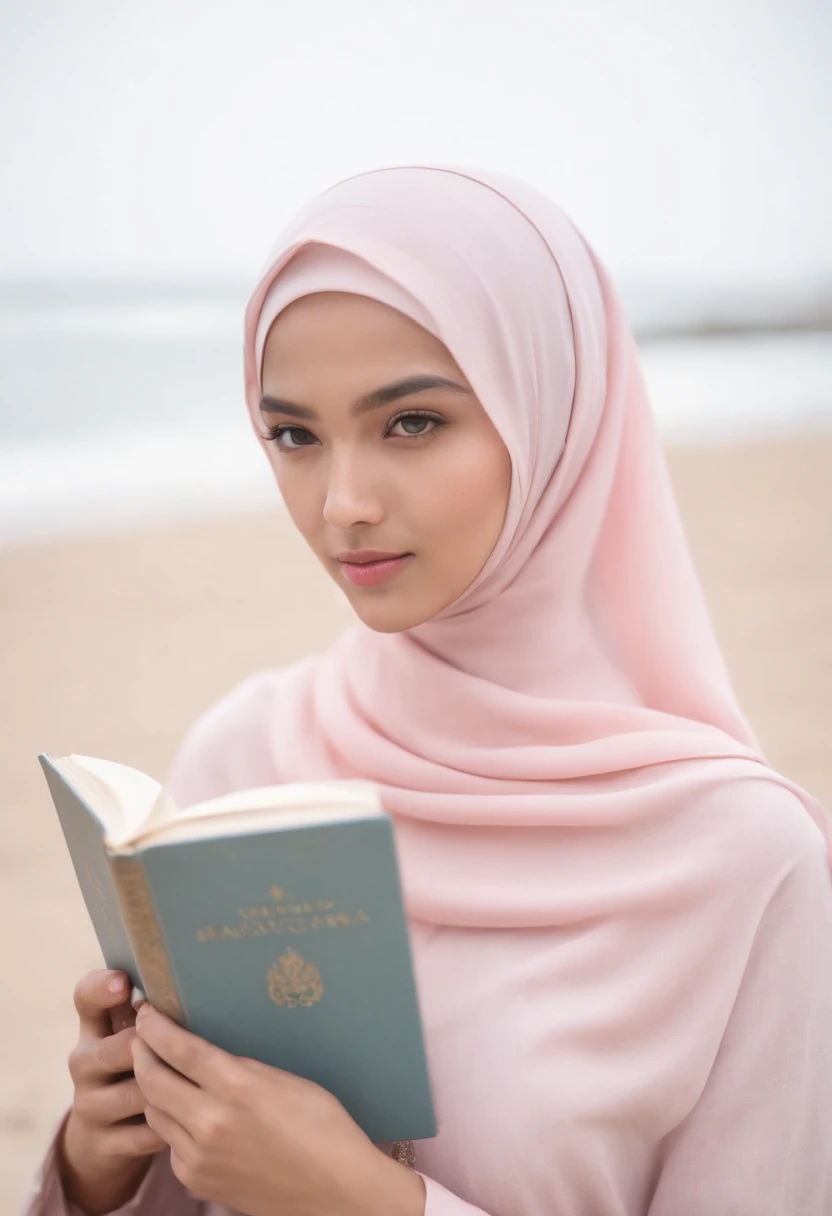 a beautiful Bandung girl wearing a hijab and dimpled cheeks, around 17 years old, (plain pastel pink hijab), shot with a Canon EOS 5D Mark IV, facial detail, skin texture detail. sitting on the beach reading a book