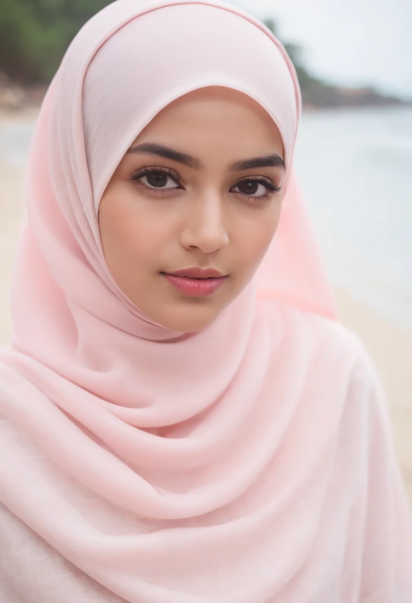 a beautiful Bandung girl wearing a hijab and dimpled cheeks, around 17 years old, (plain pastel pink hijab), shot with a Canon EOS 5D Mark IV, facial detail, skin texture detail. sitting on the beach reading a book