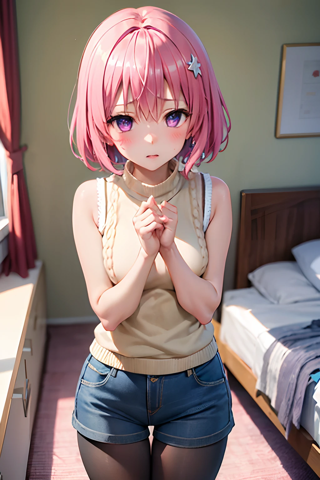 (top-quality:1.1), (​masterpiece:1.4), (absurderes:1.0), portlate, a closeup,
1girl in、Momovelia Deviluk、hair adornments、bob cuts、Shorthair pink hair、a purple eye、Medium chest、((Knitted tops))、looking at the viewers、Bedroom、(red blush:1.2)、embarassed expression、(((Black High Socks)))、on the beds、((Leggings up to the thighs))、((denim hot-pants))、((Sleeveless knitwear))