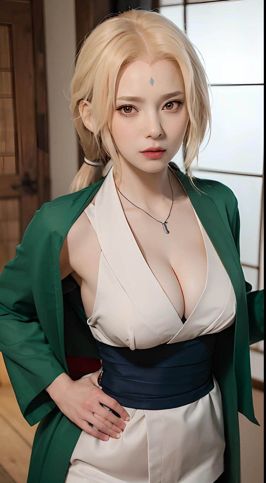 (bestquality,masterpiece), TsunadeNS, solo, japanese_clothes, looking_at_viewer, breasts, large_breasts, kimono, cleavage, collarbone, jacket_on_shoulders