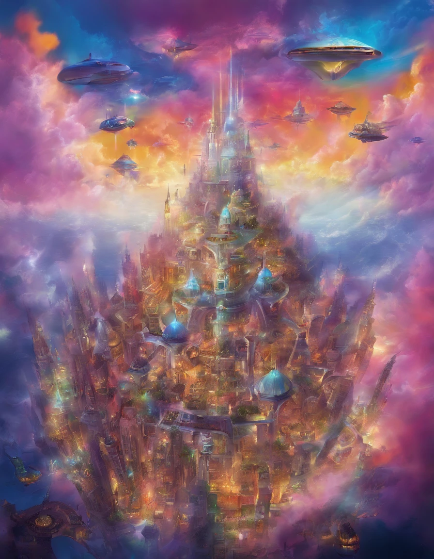 (sci-fi world:1.5), (a flying city:1.7), (futuristic ai-powered cities:1.3), panoramic view, thick clouds, (masterpiece), (vivid colors:1.7), (iridescent white: 1.4), surrealistic