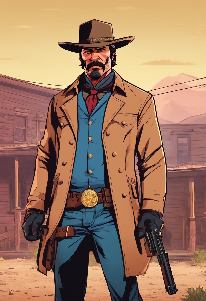 Red Dead Redemption 2 illustration style，Sheriff Curtis Malloy，Wear a Nevada hat,Khaki coat，Blue vest and white shirt,Nothing but a mustache,shaven face,sheriff badge, masterpiece,  digital artwork, key art. HD, sheriff coat. In a town. Sheriff coat, eastern town
