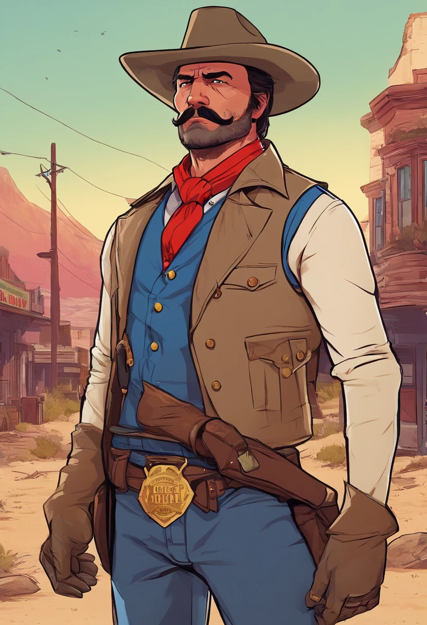 Red Dead Redemption 2 illustration style，Sheriff Curtis Malloy，Wear a Nevada hat,Khaki coat，Blue vest and white shirt,Nothing but a mustache,shaven face,sheriff badge, masterpiece,  digital artwork, key art. HD, sheriff coat. In a town. Sheriff coat, eastern town