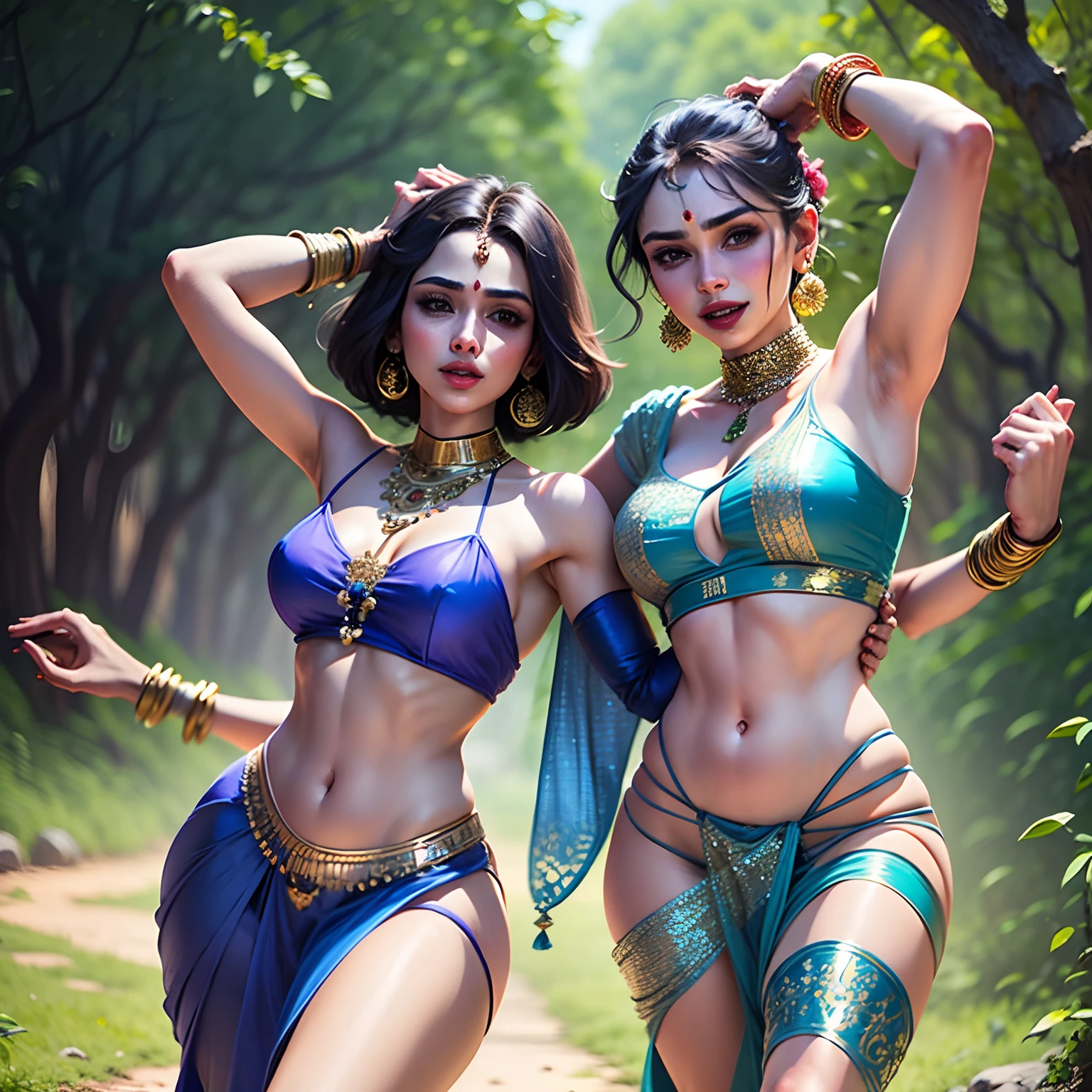 The joyous Rasleela dance, duo, where age young Krishna with his blue skin wearing dhoti, and Radha with her fair skin wearing saree and jewelry, dancing with each other in nature, soft colors, depth of field, correct anatomy, --auto --s2