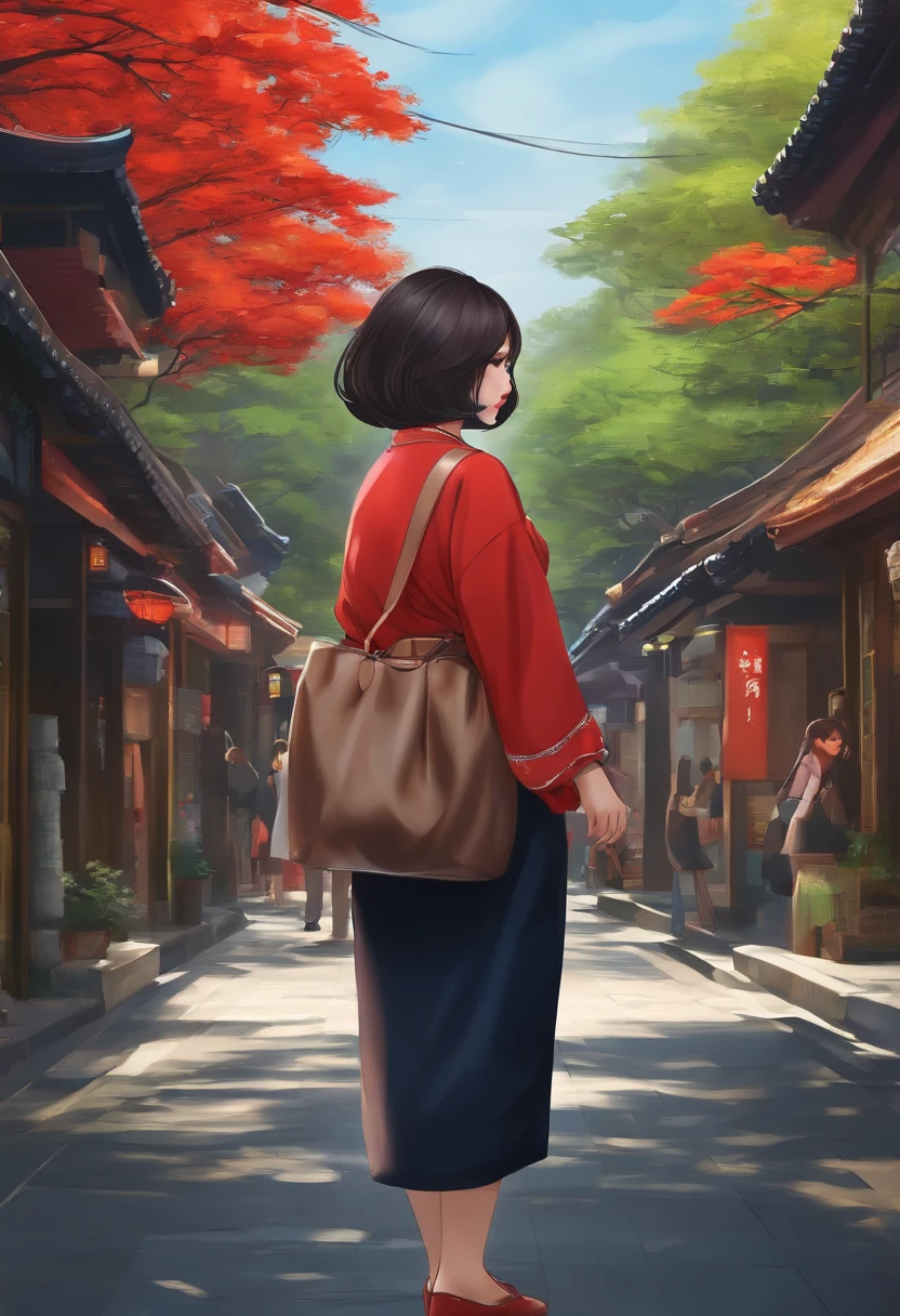 beautiful Girl、bbw、back turned、asian female、bobhair、、shorth hair、A dark-haired、dressed casually、japanes、In the street、Bright background、tree-lined street