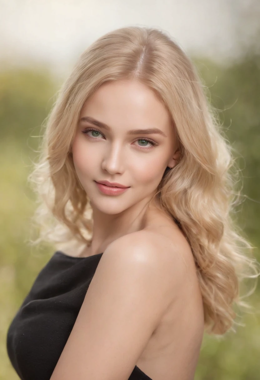 Blonde Hair, green-eyed, wheat-skinned, slim but full body, oval-faced, heart-lipped, small and flat-nosed, curved eyebrows, round and wide hips, 1 smiling girl; super delicate , ((Best Quality, 8k, Masterpiece)); ((Foto RAW)); (large and erect cheast), (realistic, detailed);