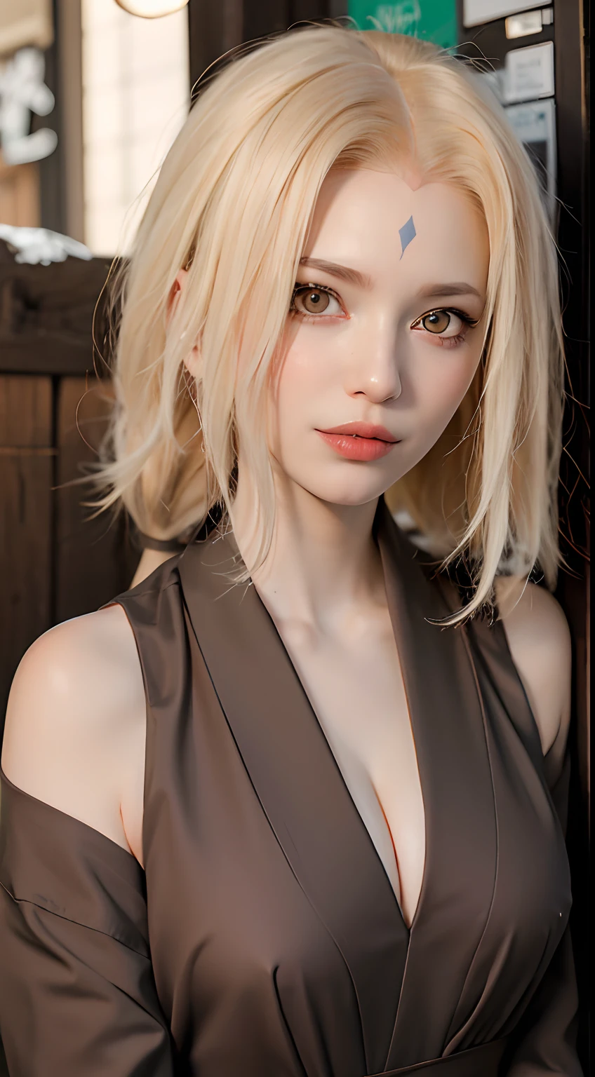tsunade, tsunade, blonde hair, yellow hair, facial mark, forehead mark, long hair, makeup, mature female, (brown eyes:1.7), (medium breast:1.2),
BREAK cleavage, bare shoulders, grey kimono, japanese clothes, kimono, off shoulder, wide sleeves,
BREAK looking at viewer,
BREAK outdoors, city,
BREAK (masterpiece:1.2), best quality, high resolution, unity 8k wallpaper, (illustration:0.8), (beautiful detailed eyes:1.6), extremely detailed face, perfect lighting, extremely detailed CG, (perfect hands, perfect anatomy),