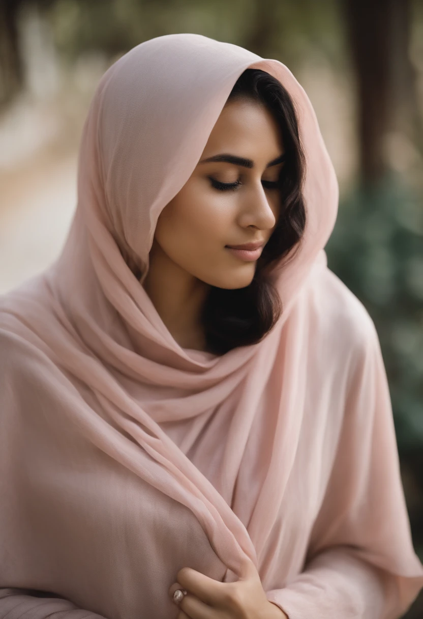 a beautiful Bandung girl wearing a hijab and dimpled cheeks, around 17 years old, (plain pastel pink hijab), shot with a Canon EOS 5D Mark IV, facial detail, skin texture detail. sitting on the beach reading a book