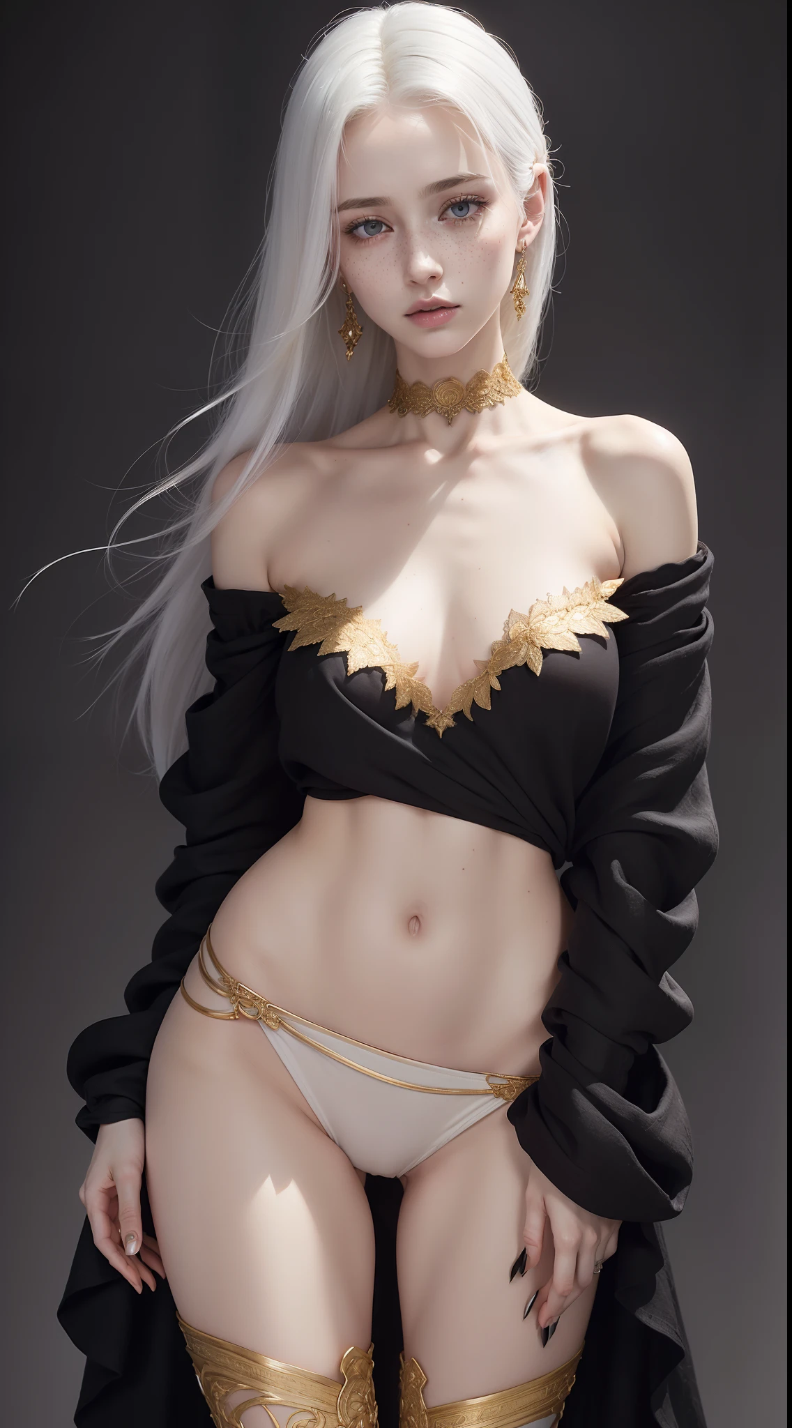 dynamic pose,1girl,pale skin,white hair,delicate face,freckles,intricate details,(baggy black linen off shoulder with gold trimmings:1.3,blade stored on waist),(wide thigh gap:1.3,wide thighs:1.3),white background,(best quality:1.2,ultra-detailed,realistic:1.37),portrait,soft colors,polished lighting