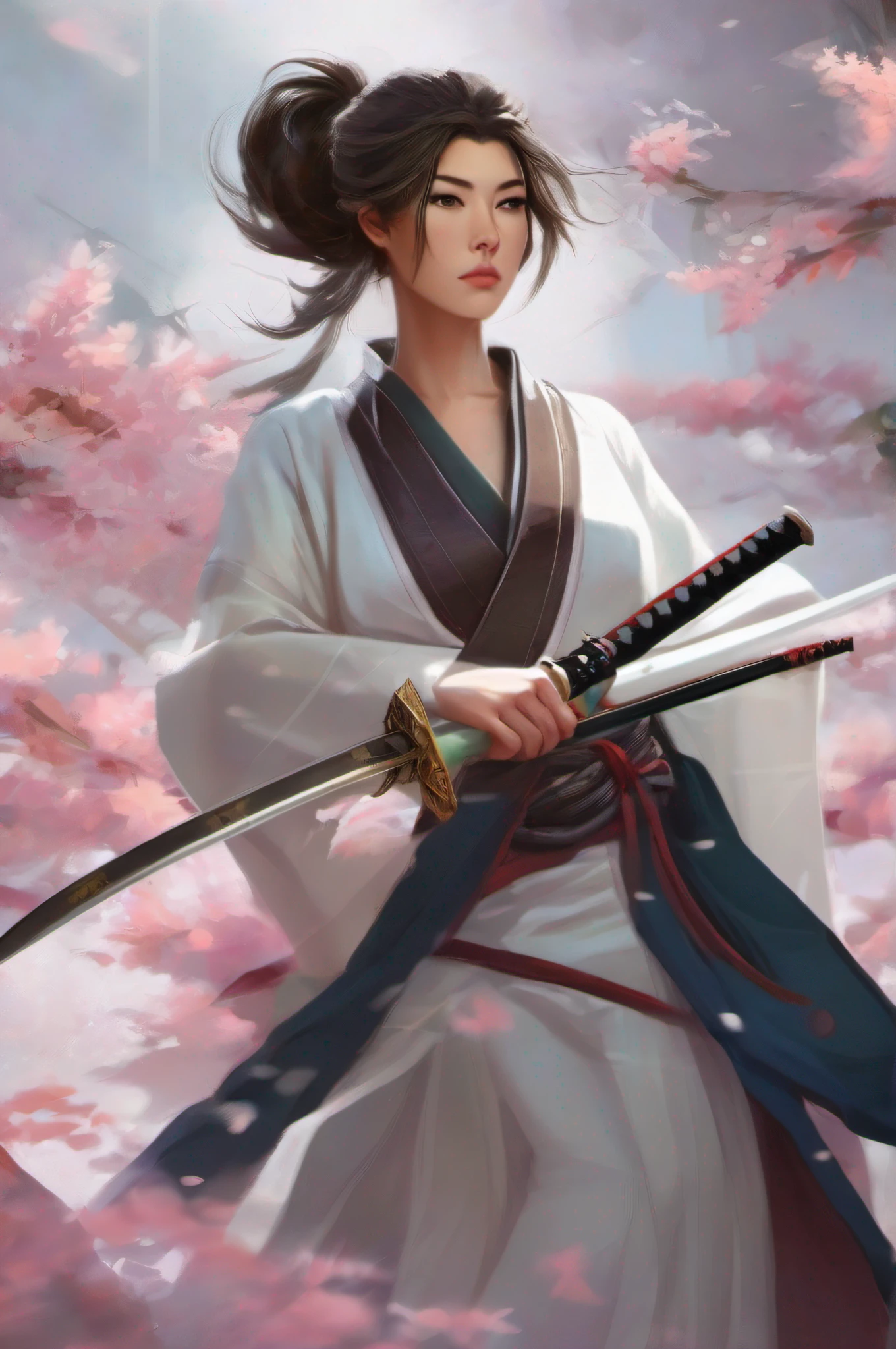 uma mulher em uma roupa de quimono segurando uma espada e uma flor, inspirado em Magali Villeneuve, female samurai, the front of a trading card, she is holding a katana sword, Masayoshi Suto e Artgerm, Graphic artist Magali Villeneuve, artgerm detalhado, quadrinhos artgerm, Artgerm e Ruan Jia