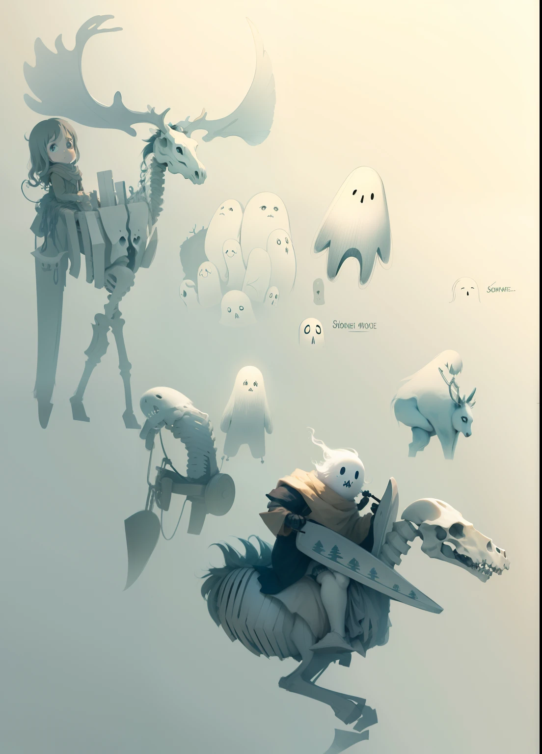 Sketches of a small male ghost, riding a skeleton moose, ghibli spirit, forest spirit, many ghost faces,